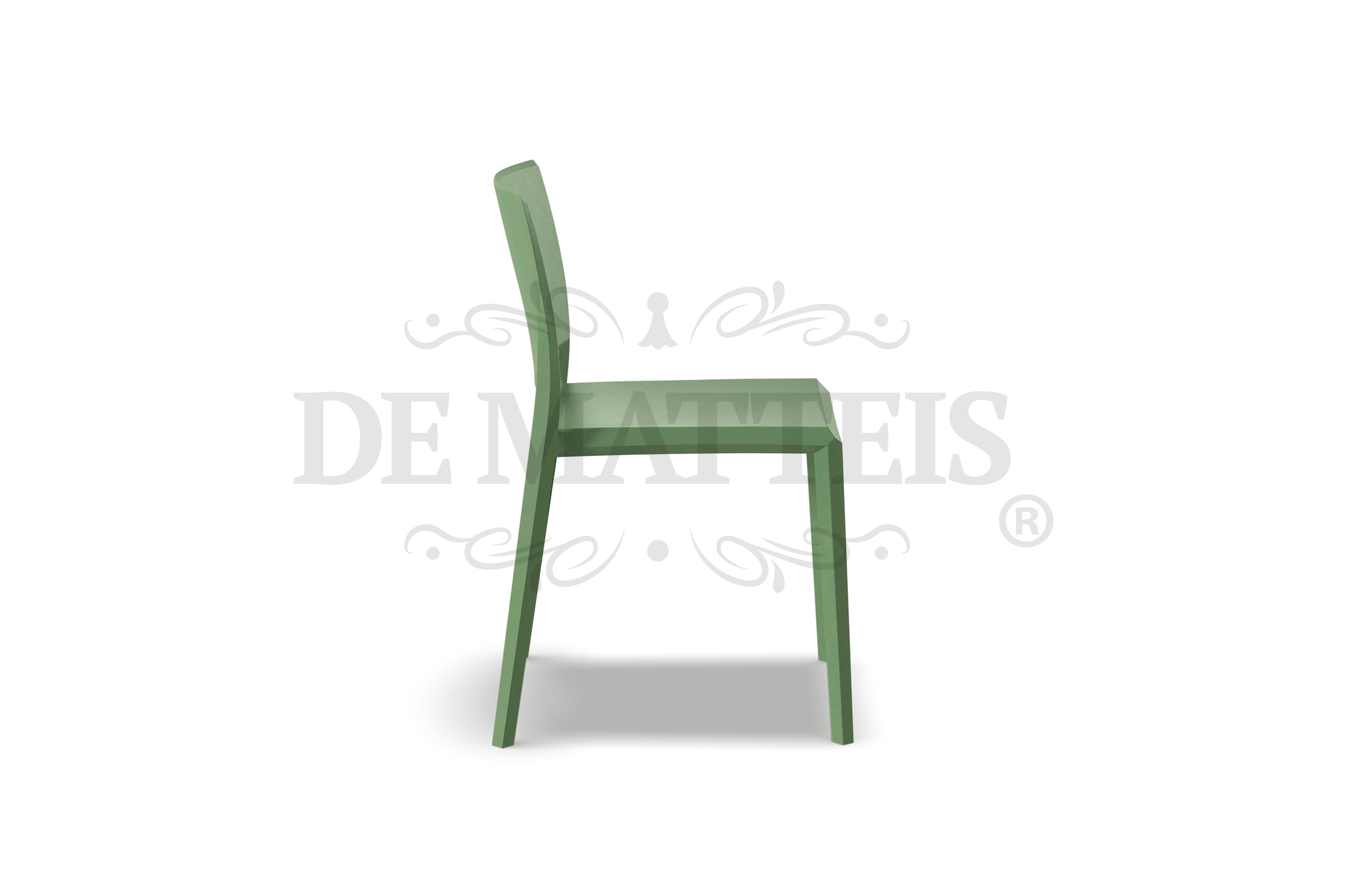 De Matteis, Sedia Esterno Resina Studio Verde vista laterale con design lineare monoblocco e superficie liscia opaca - DeMatteis.it