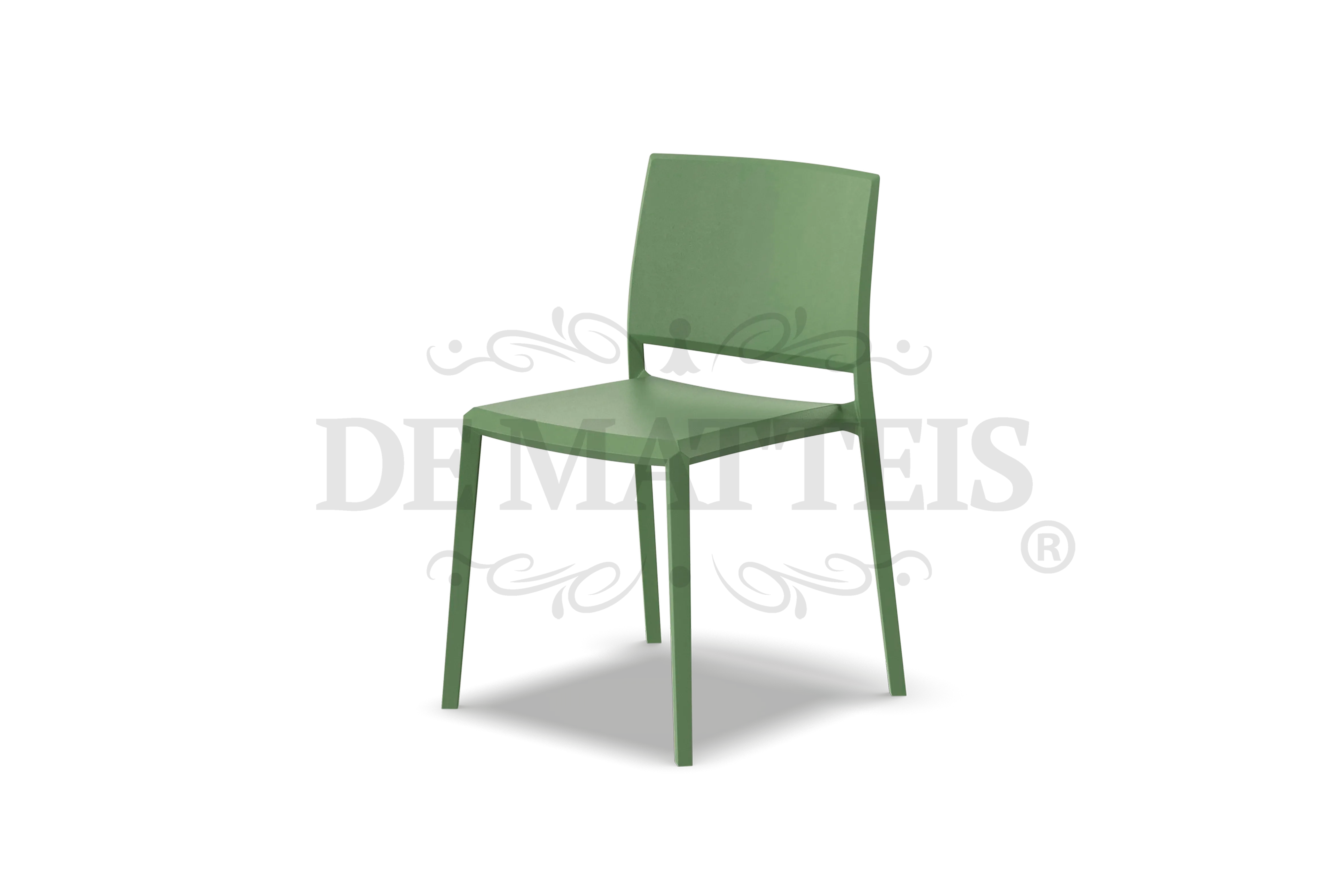 De Matteis, Sedia Esterno Resina Studio Verde monoblocco con seduta e schienale rettangolari, gambe sottili e finitura opaca uniforme - DeMatteis.it