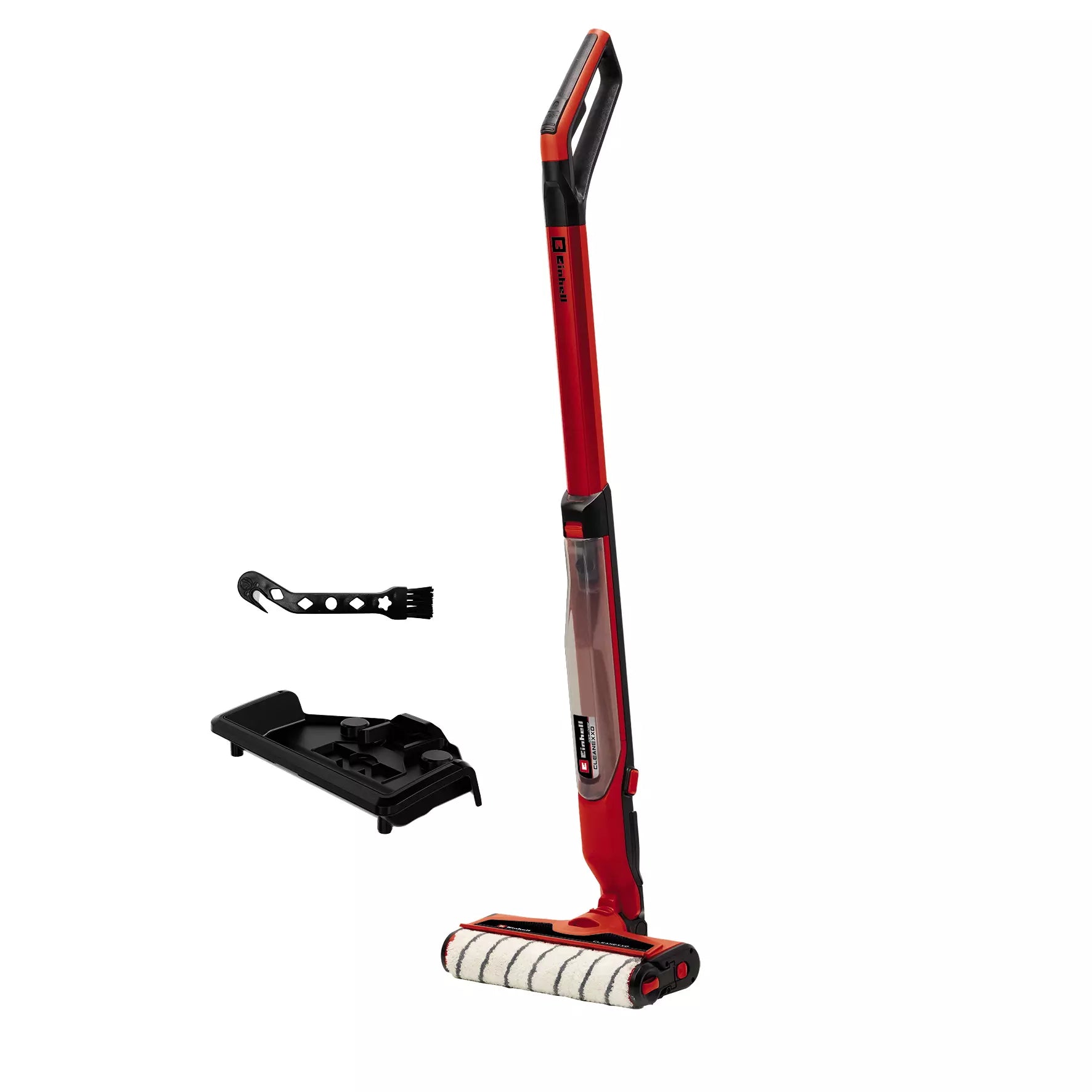 Il lavapavimenti CLEANEXXO di Einhell in elegante rosso con stazione di parcheggio/pulizia e attrezzo per la manutenzione. Sistema a batteria intercambiabile per pulire ogni superficie senza interruzioni. | Dematteis.it