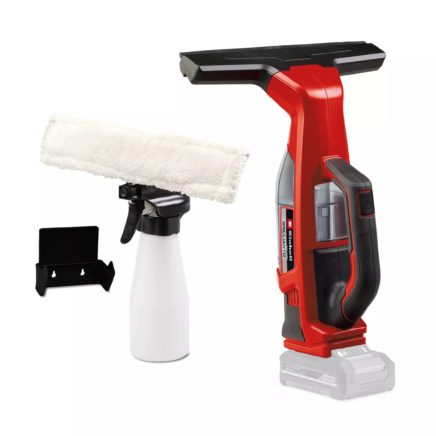 Lavavetri a batteria BRILLIANTO di Einhell in colore rosso e nero con supporto a parete, flacone spray e panno in microfibra, ideale per la pulizia senza aloni di finestre e superfici vetrate. | Dematteis.it