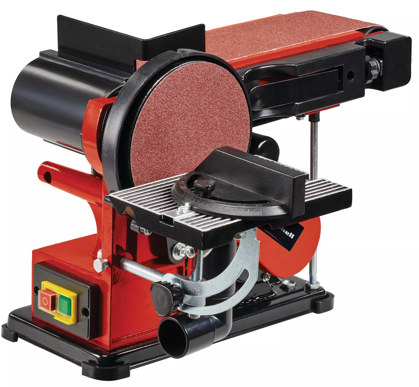 Levigatrice da banco TC-US 380 Einhell con sistema doppio di levigatura a nastro e disco, banco in alluminio inclinabile, guida trasversale orientabile fino a 60° e potente motore da 380 watt. | Dematteis.it