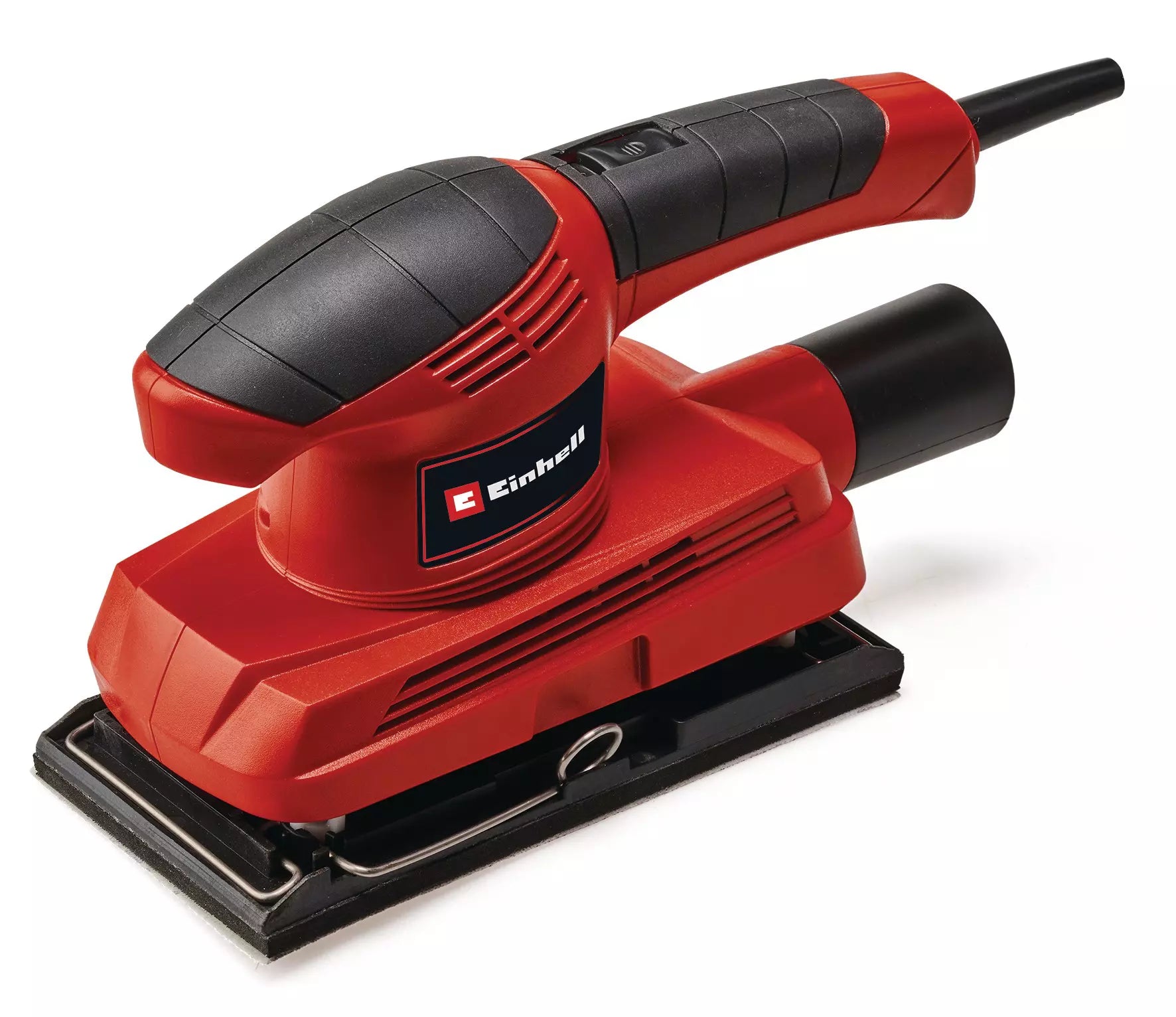 La levigatrice orbitale TC OS 1520 Einhell in colorazione rossa e nera, dotata di pratico sistema di fissaggio carta abrasiva a strappo, adattatore per aspirapolvere e design compatto per un controllo ottimale. | Dematteis.it