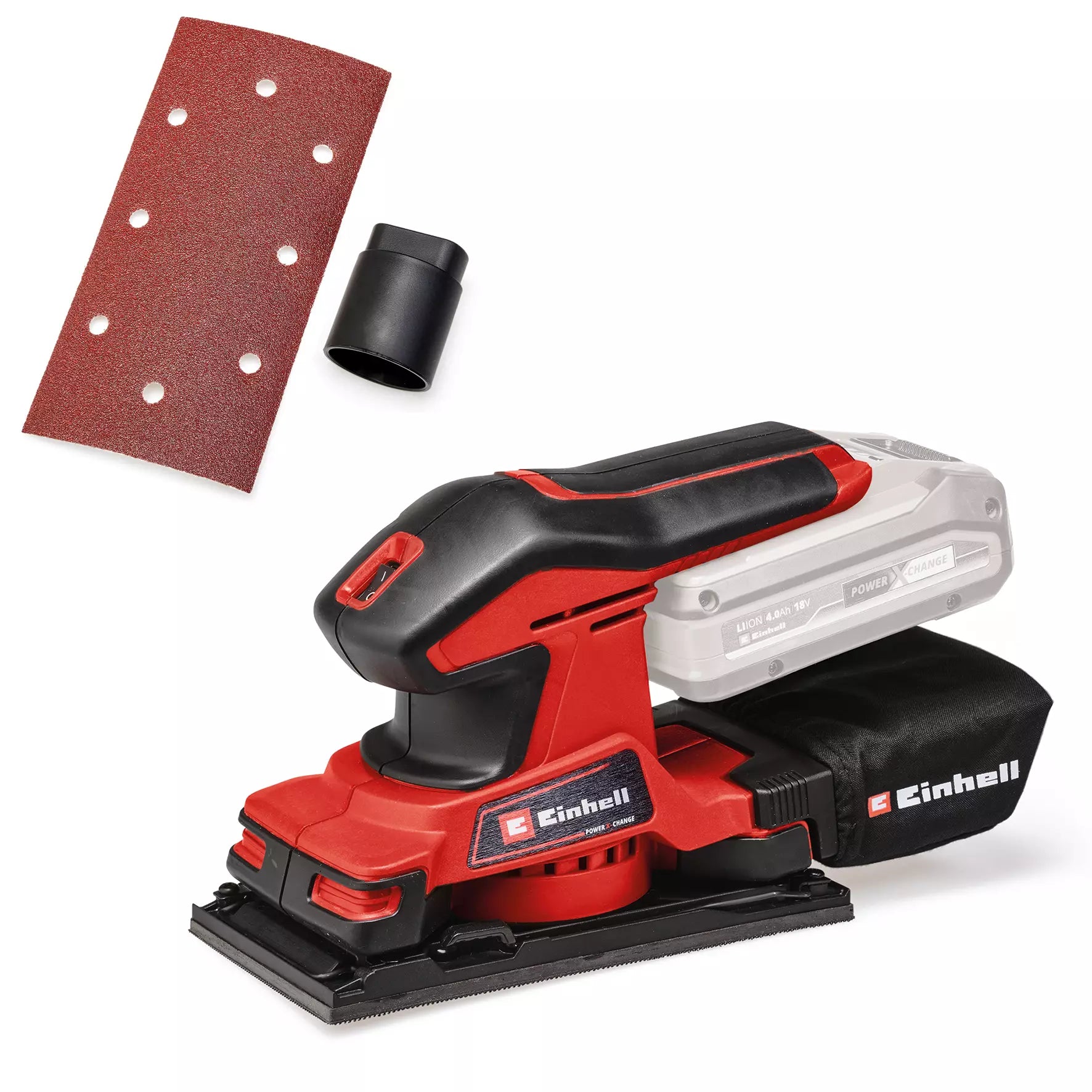 Levigatrice orbitale TC-OS 18/187 Li di Einhell con sistema Power X-Change, impugnatura ergonomica, sacco raccogli polvere e foglio abrasivo incluso. Ideale per levigare superfici piane e pannelli. | Dematteis.it