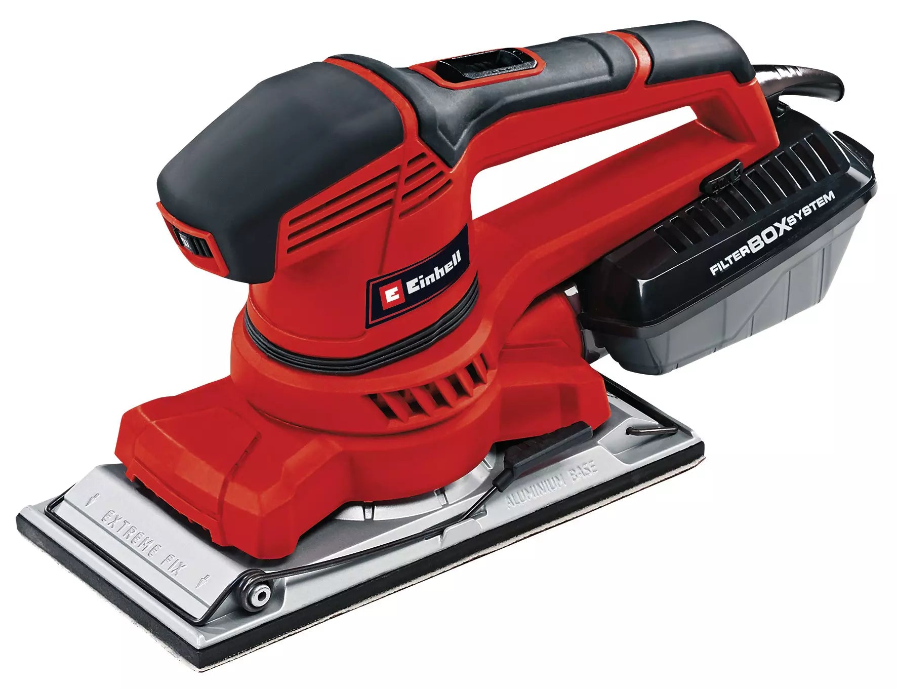 Levigatrice orbitale TE OS 2520 E Einhell con corpo ergonomico rosso e nero, platorello in alluminio, sistema di aspirazione integrato e impugnature antiscivolo per massima precisione su grandi superfici. | Dematteis.it