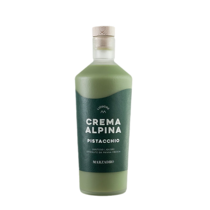 Distilleria Marzadro, Crema Alpina al Pistacchio liquore cremoso da 20 cl in bottiglia di vetro verde con tappo in sughero - DeMatteis.it