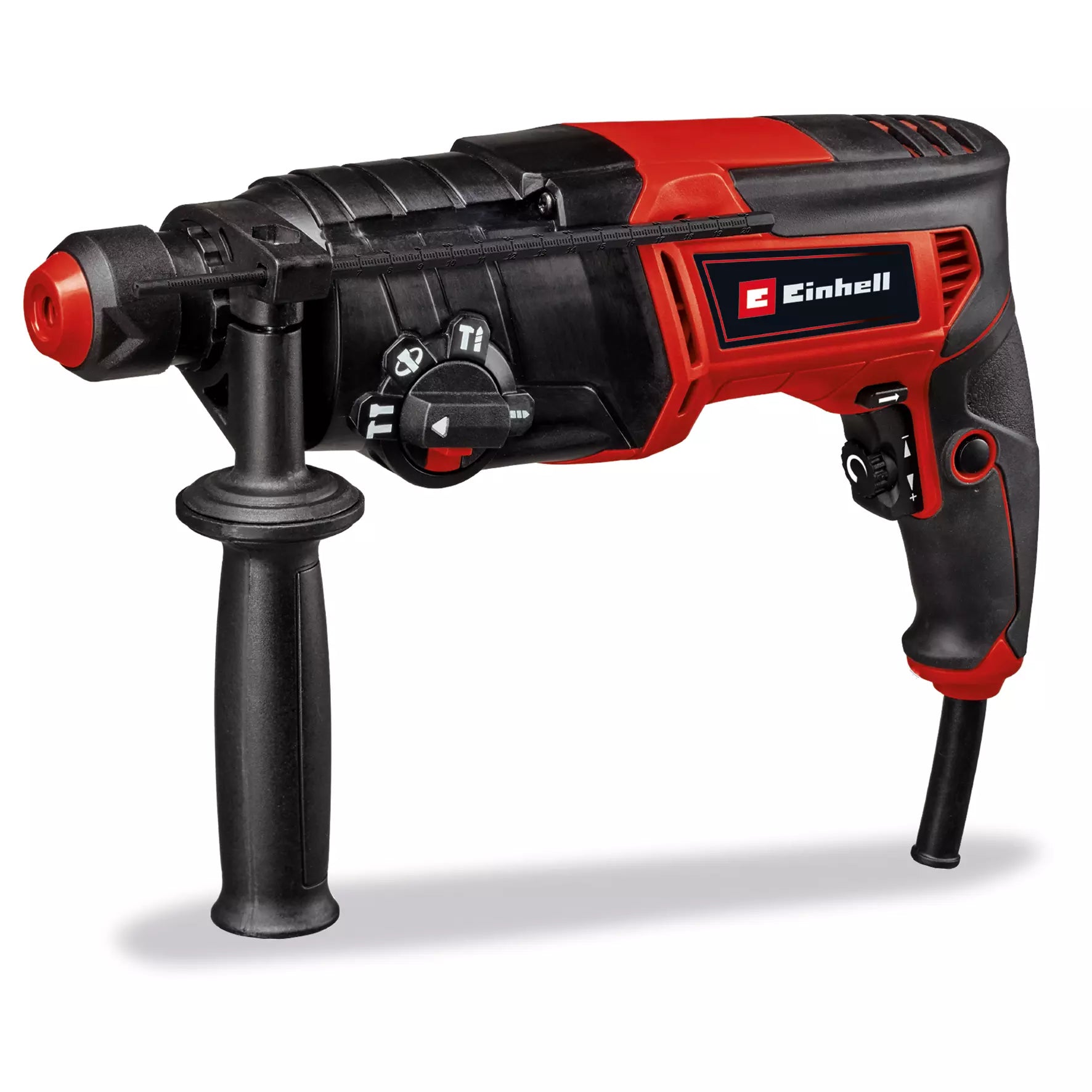 Il potente martello tassellatore TC RH 800 4F di Einhell da 800W con selettore per quattro funzioni, meccanismo pneumatico e sistema di sicurezza contro sovraccarico in elegante design rosso-nero. | Dematteis.it