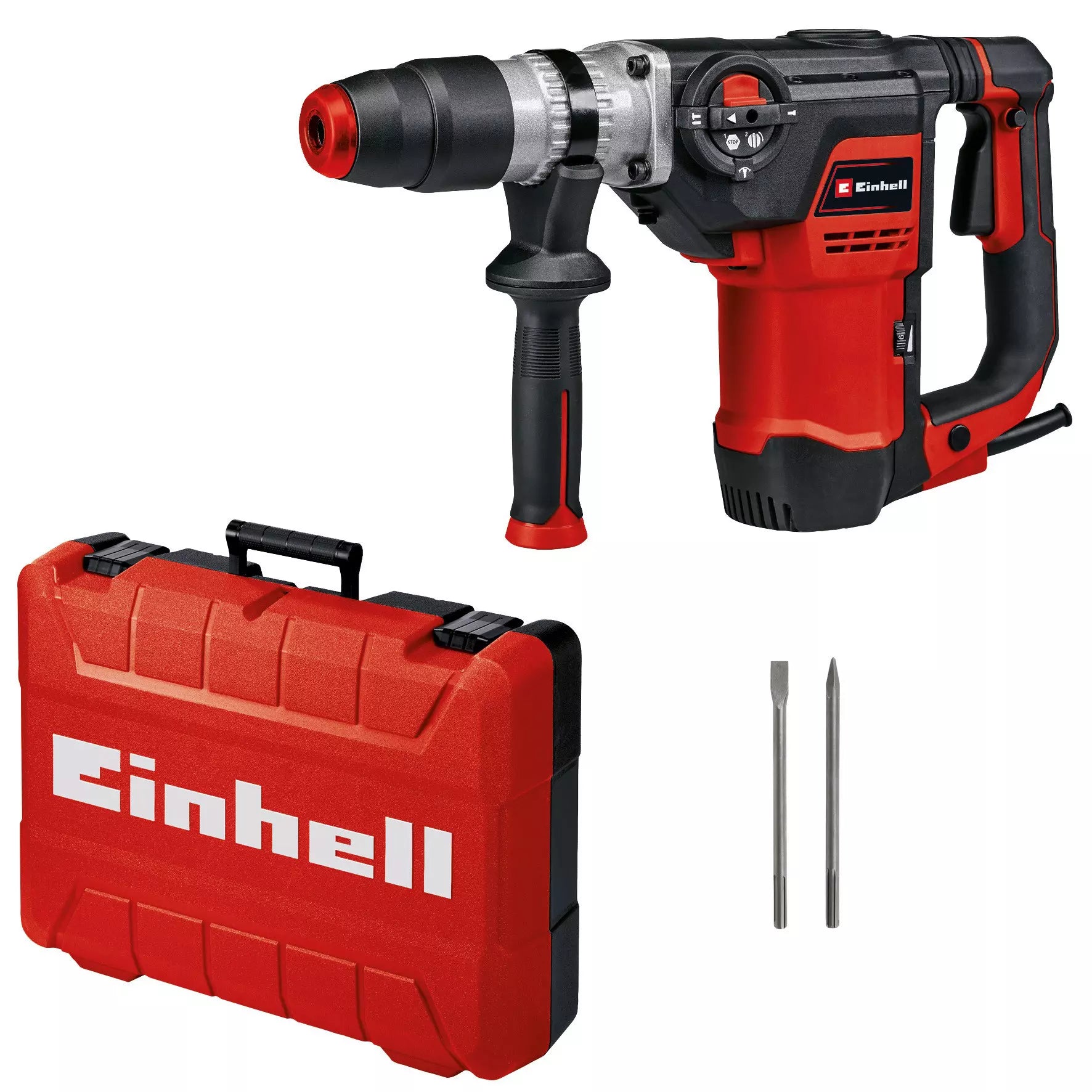 Martello tassellatore TE RH 40 3F Einhell da 1.050W con attacco SDS-Max, tre funzioni di utilizzo, impugnatura ergonomica antivibrante e valigetta E-Box M55 inclusa con scalpelli piatto e a punta. | Dematteis.it
