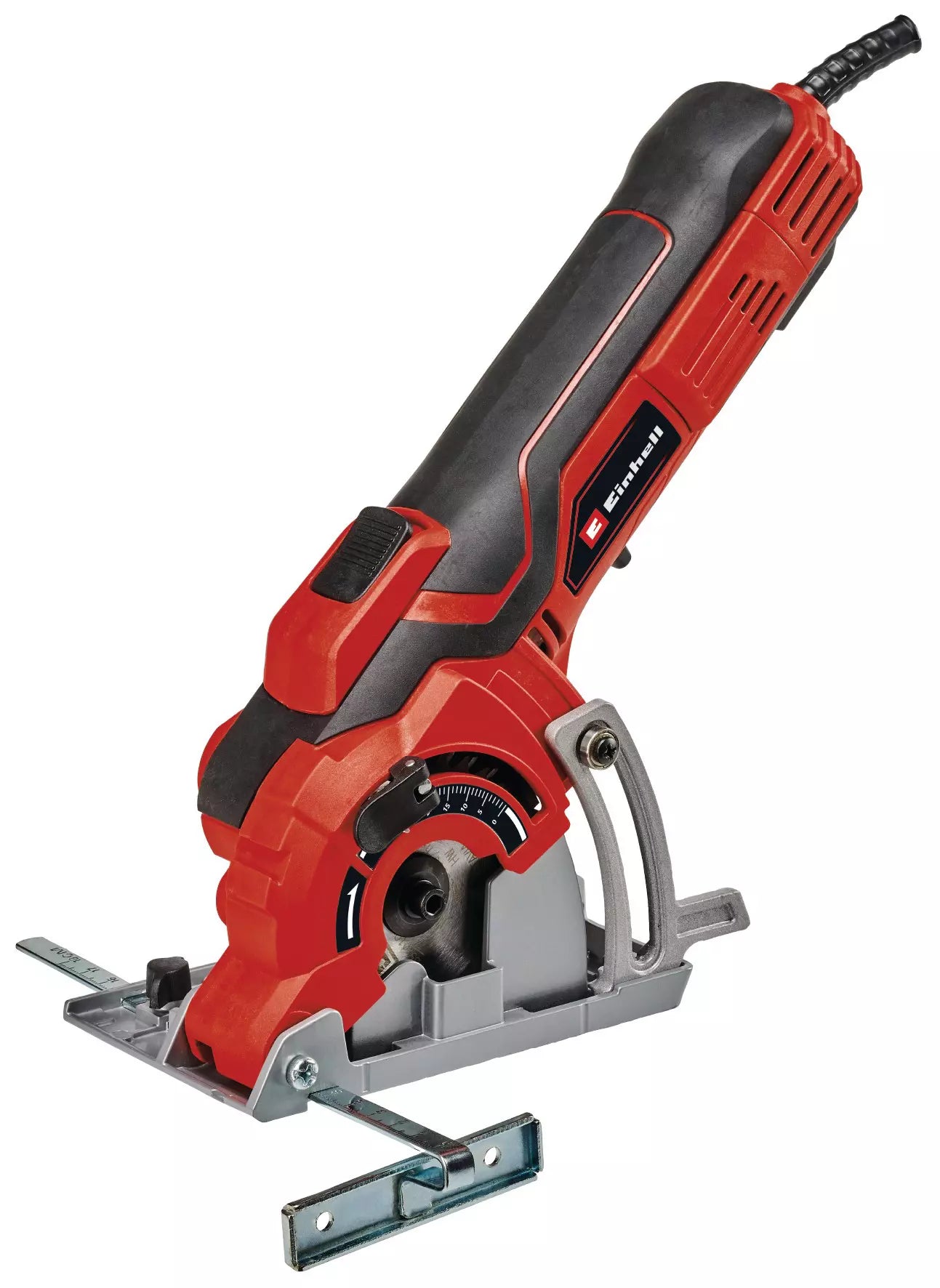 Mini sega circolare TC CS 89 Einhell con design ergonomico rosso e nero, potenza 600W, lama in metallo duro da 89mm e platorello in alluminio per tagli precisi fino a 27mm di profondità. | Dematteis.it