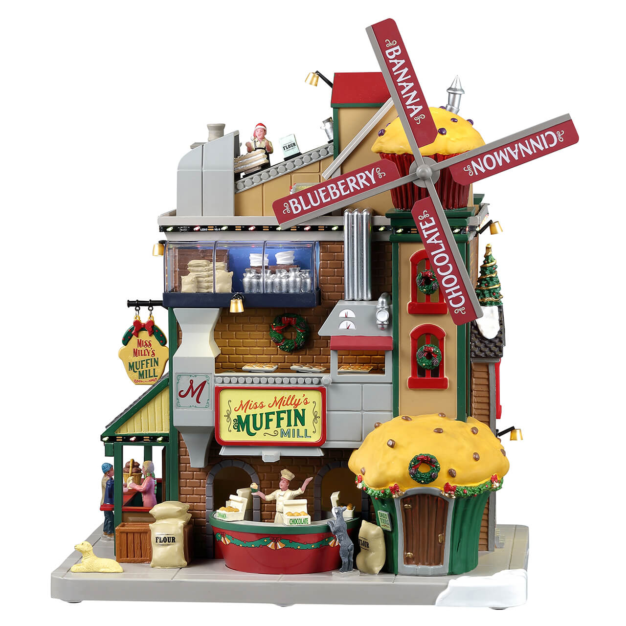Miss Milly's Muffin Mill Lemax: Mulino dei Muffin dettagliato per Villaggio di Natale con pale colorate, personaggi animati e decorazioni festive autentiche Lemax. | Dematteis.it