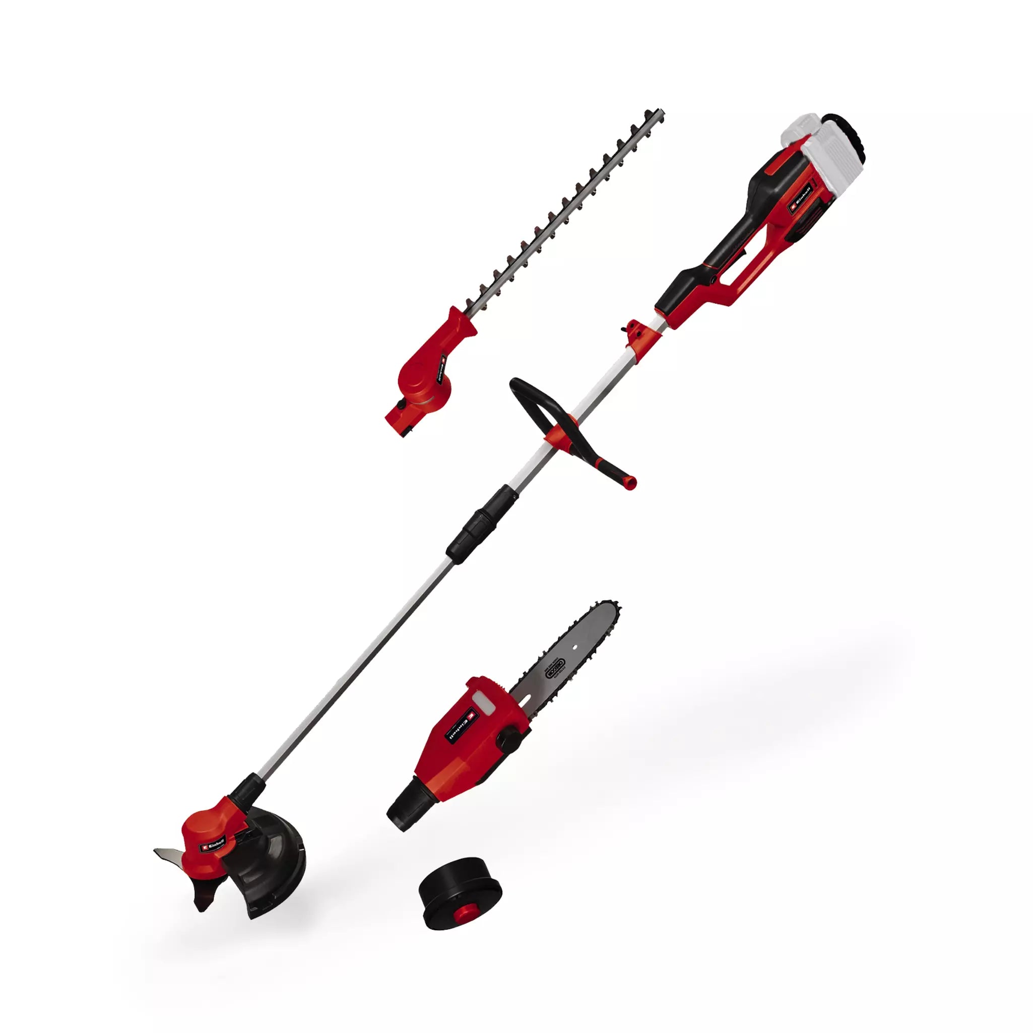 Multifunzione GE LM 36/4in1 Li di Einhell con le sue quattro funzioni: tagliasiepi con lama in acciaio diamantato, svettatoio con catena OREGON, decespugliatore e lama a 3 denti, alimentato dal sistema a batteria Power X-Change. | Dematteis.it