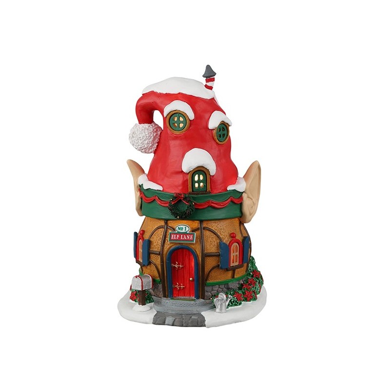 Casa degli Elfi Lemax No.1 Elf Lane con design a forma di cappello rosso da elfo, orecchie sporgenti e dettagli dipinti a mano per Villaggio natalizio. | Dematteis.it