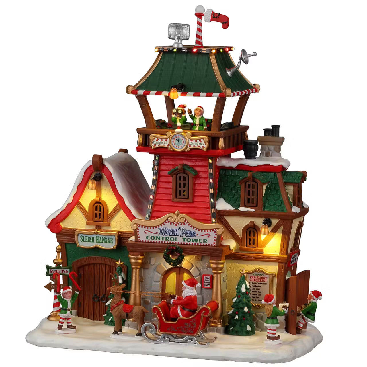 North Pole Control Tower Lemax della collezione Santa's Wonderland, torre di controllo natalizia illuminata per villaggio di Natale con dettagli architettonici elaborati e elfi operatori. | Dematteis.it