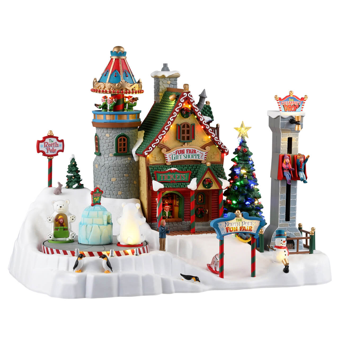 North Pole Fun Fair Lemax con torre giostra, gift shop illuminato, area pesca sul ghiaccio, pinguini e orsi polari per villaggio di Natale | Dematteis.it