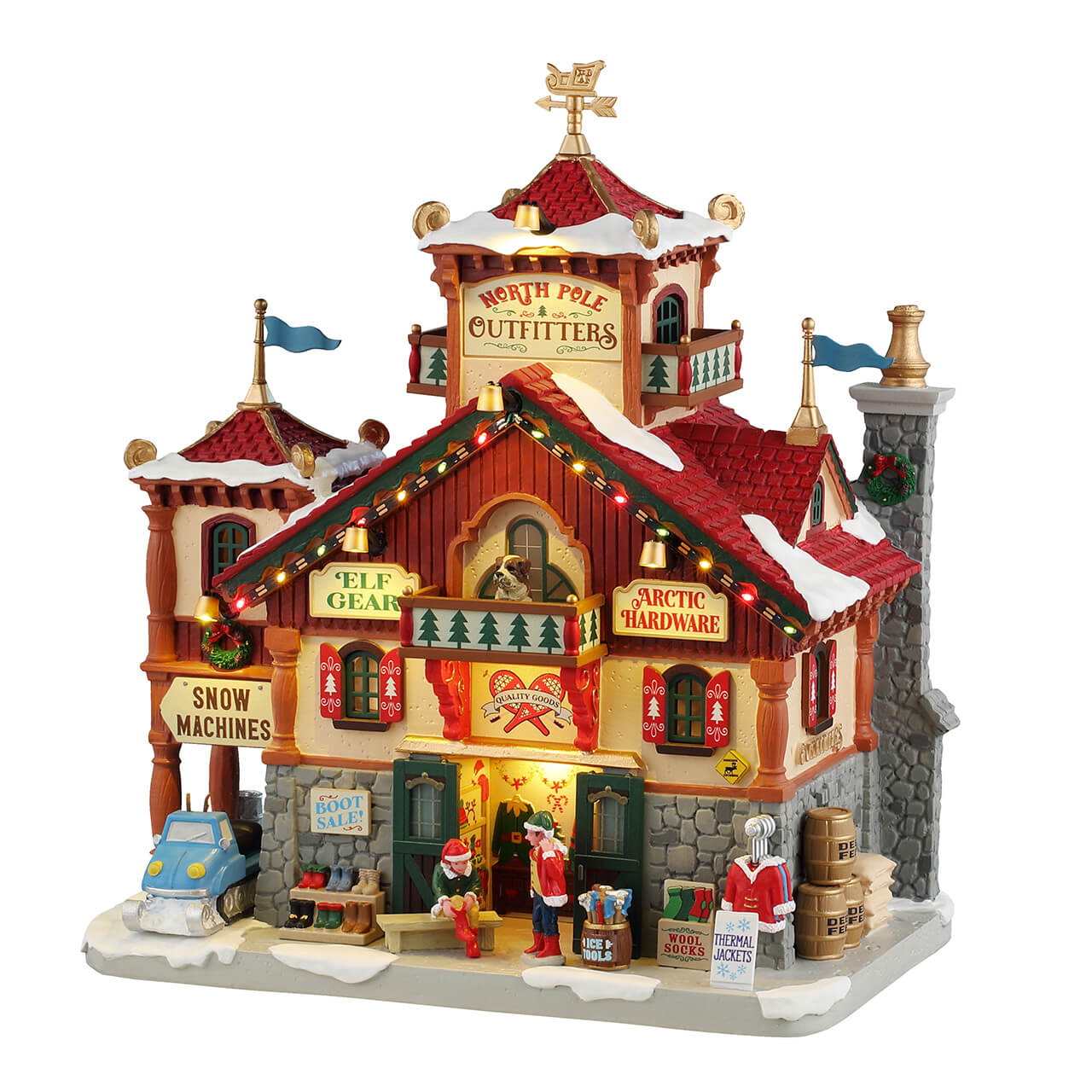 North Pole Outfitters Lemax: boutique alpina illuminata con tetti rossi innevati, insegne colorate e personaggi animati per Villaggio di Natale Lemax - Dematteis.it