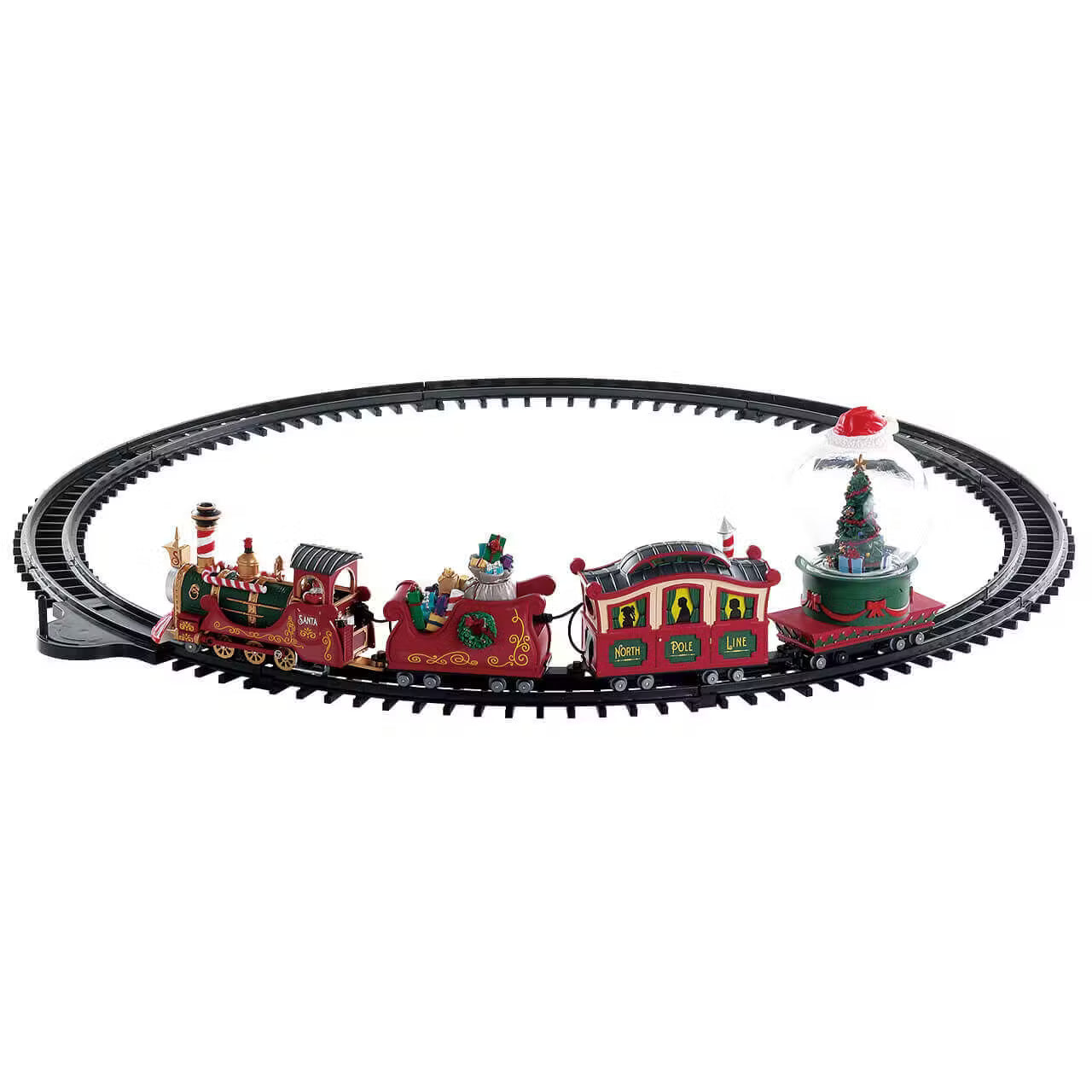 North Pole Railway Lemax con locomotiva rossa e vagoni colorati, trenino completo di binari ovali per Villaggio di Natale Lemax con albero rotante.  Dematteis.it