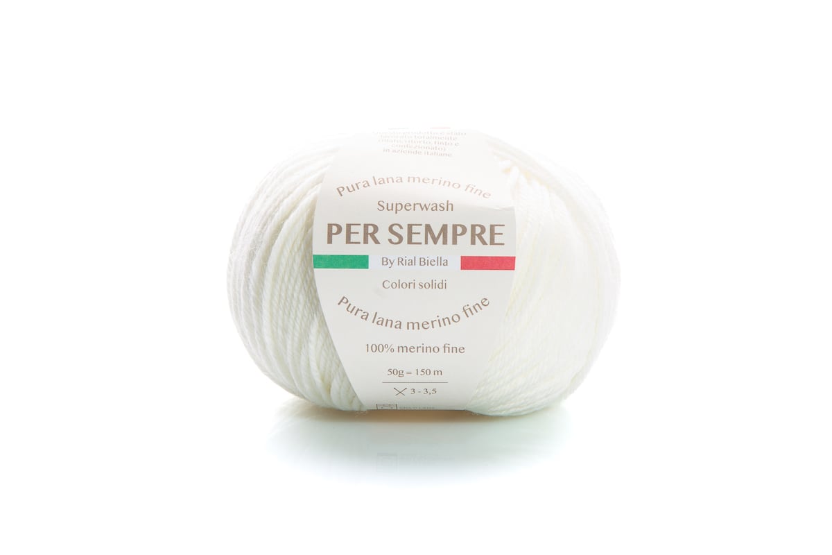 Rial, Filato Lana 100% 50 g Colore 1 gomitolo bianco in pura lana merino fine superwash con etichetta Per Sempre per maglieria e uncinetto - DeMatteis.it