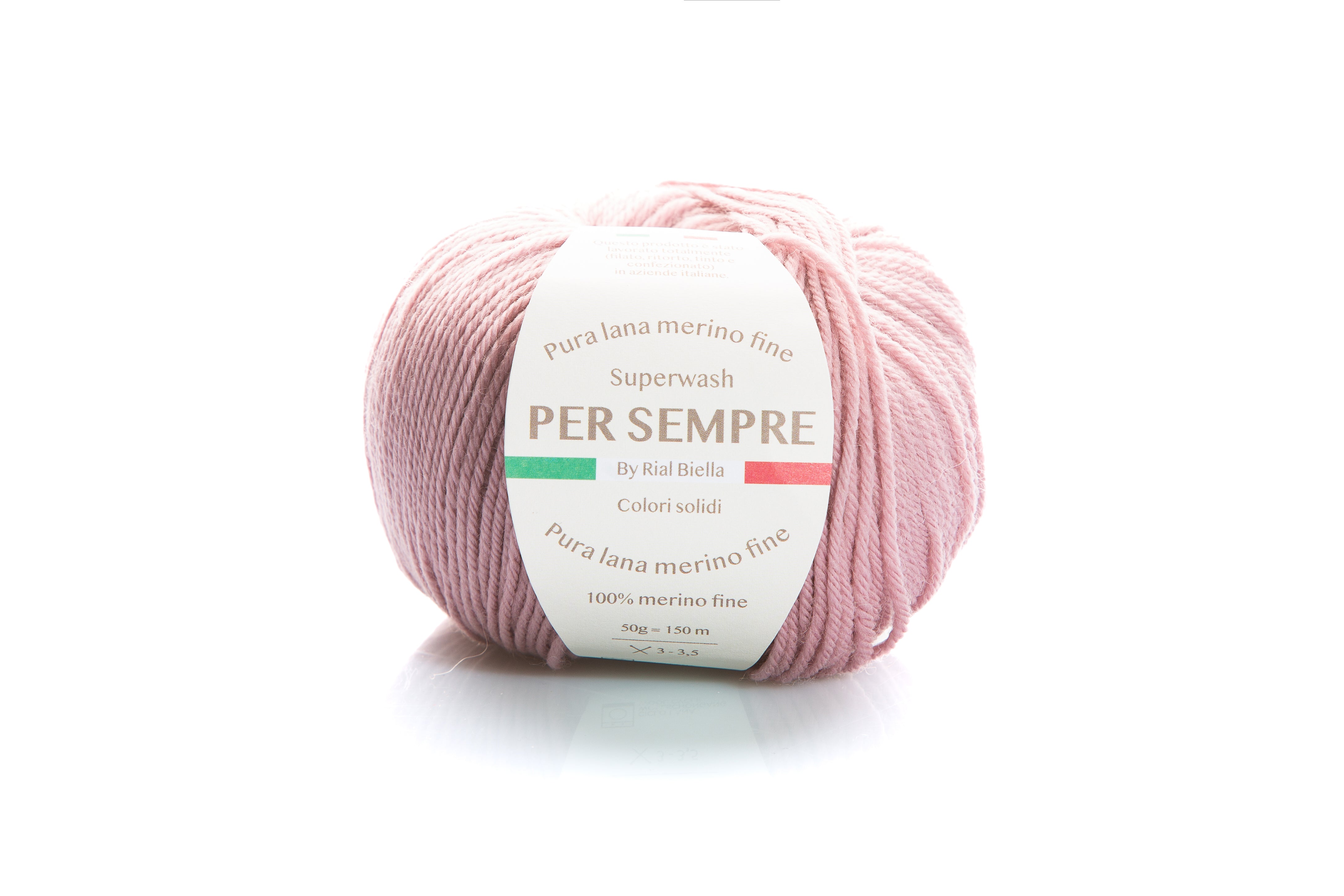 Rial, Filato Lana 100% 50 g Colore 1007 gomitolo rosa antico con etichetta Per Sempre in lana merino fine per maglieria e uncinetto - DeMatteis.it