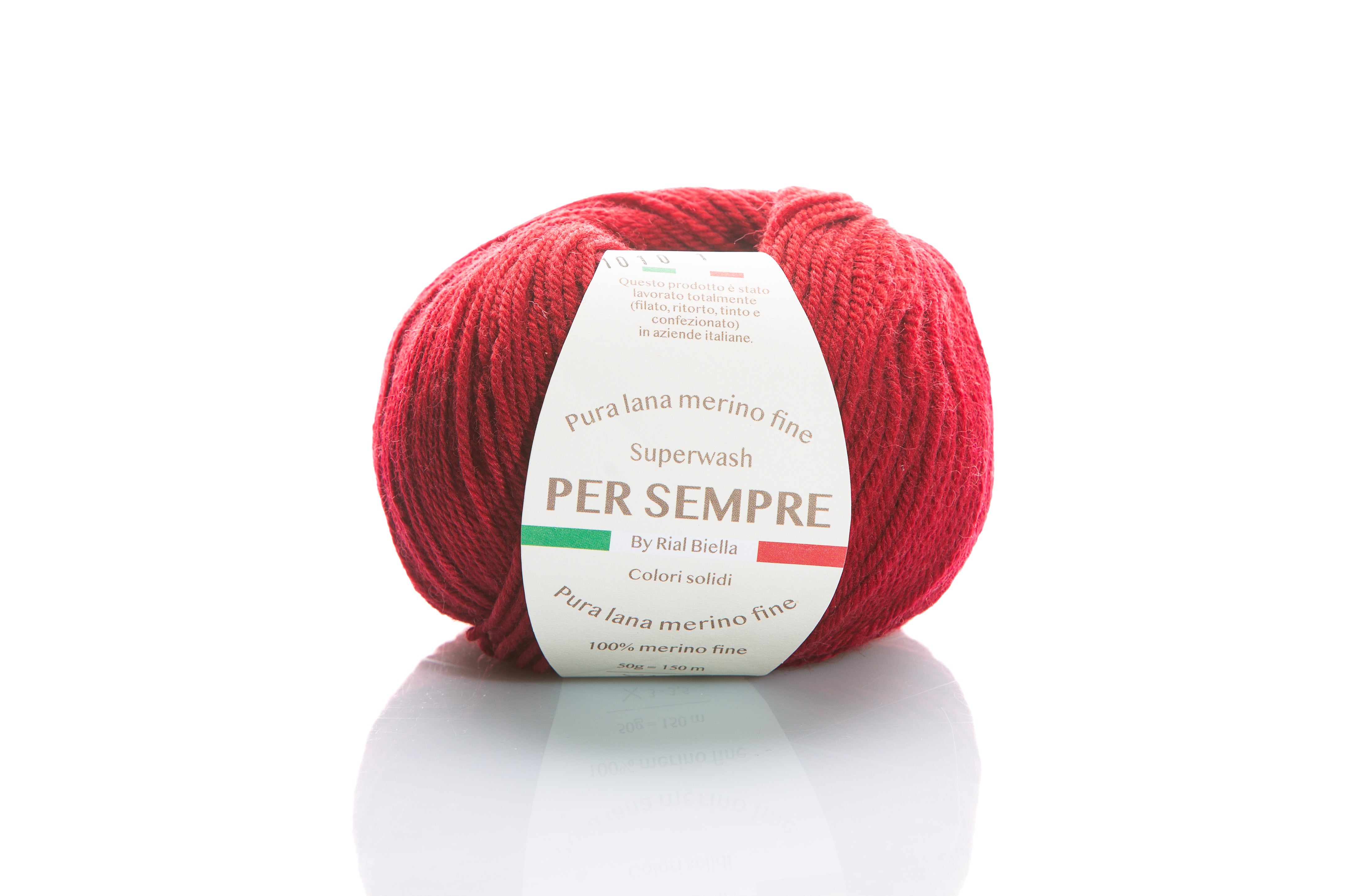 Rial, Filato Lana 100% 50 g Colore 1010 gomitolo rosso corallo con etichetta Per Sempre pura lana merino fine per maglieria e uncinetto - DeMatteis.it