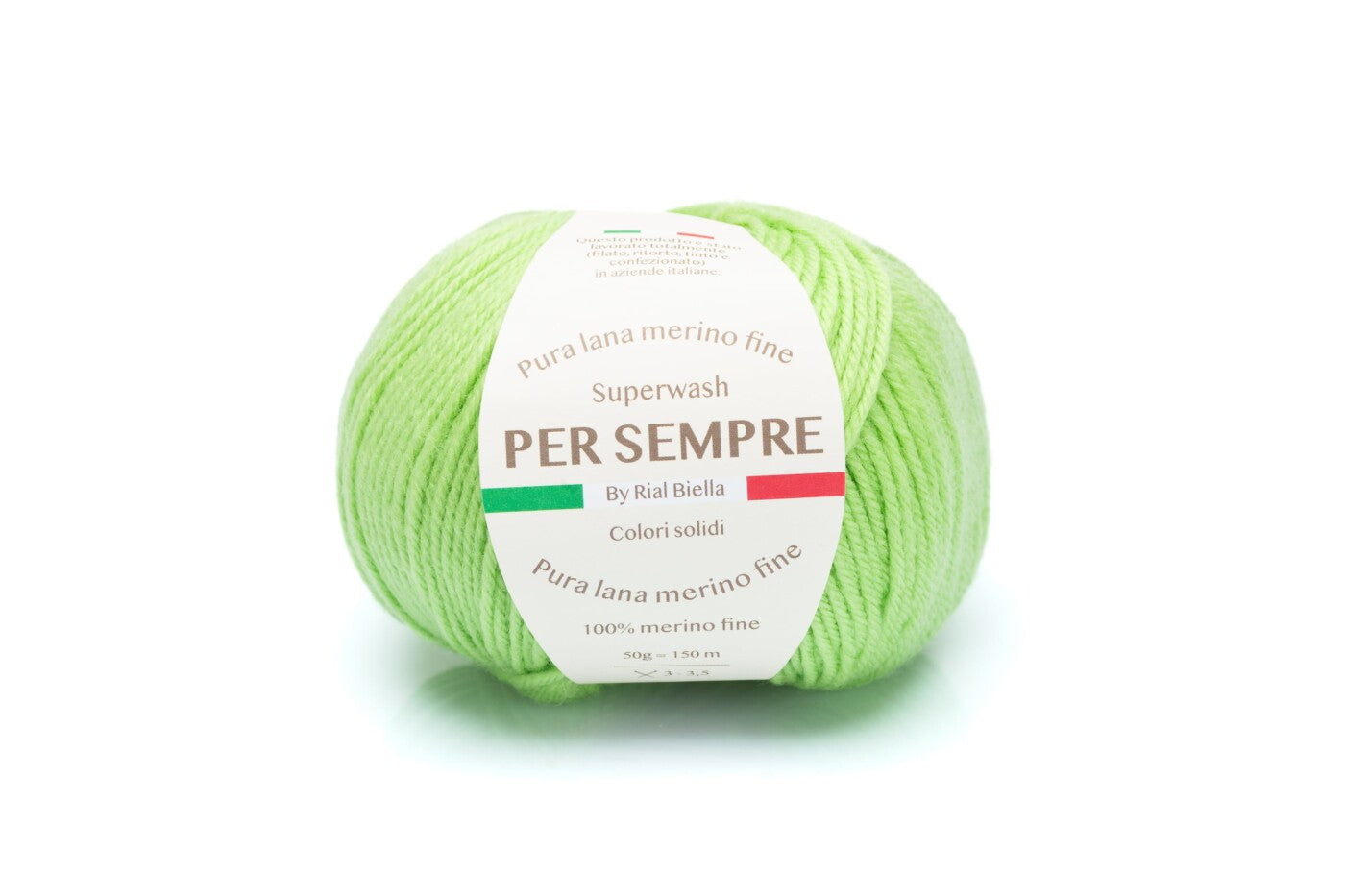 Rial, Filato Lana 100% 50 g Colore 129 verde chiaro in gomitolo con etichetta Per Sempre per lavori a maglia e uncinetto - DeMatteis.it