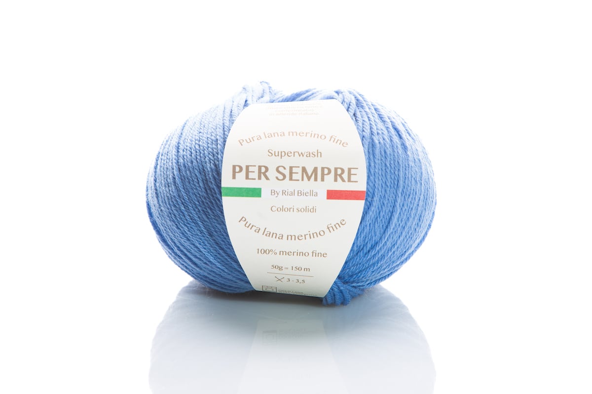 Rial, Filato Lana 100% 50 g Colore 164 gomitolo azzurro chiaro con etichetta Per Sempre di lana merino fine per lavori a maglia e uncinetto - DeMatteis.it