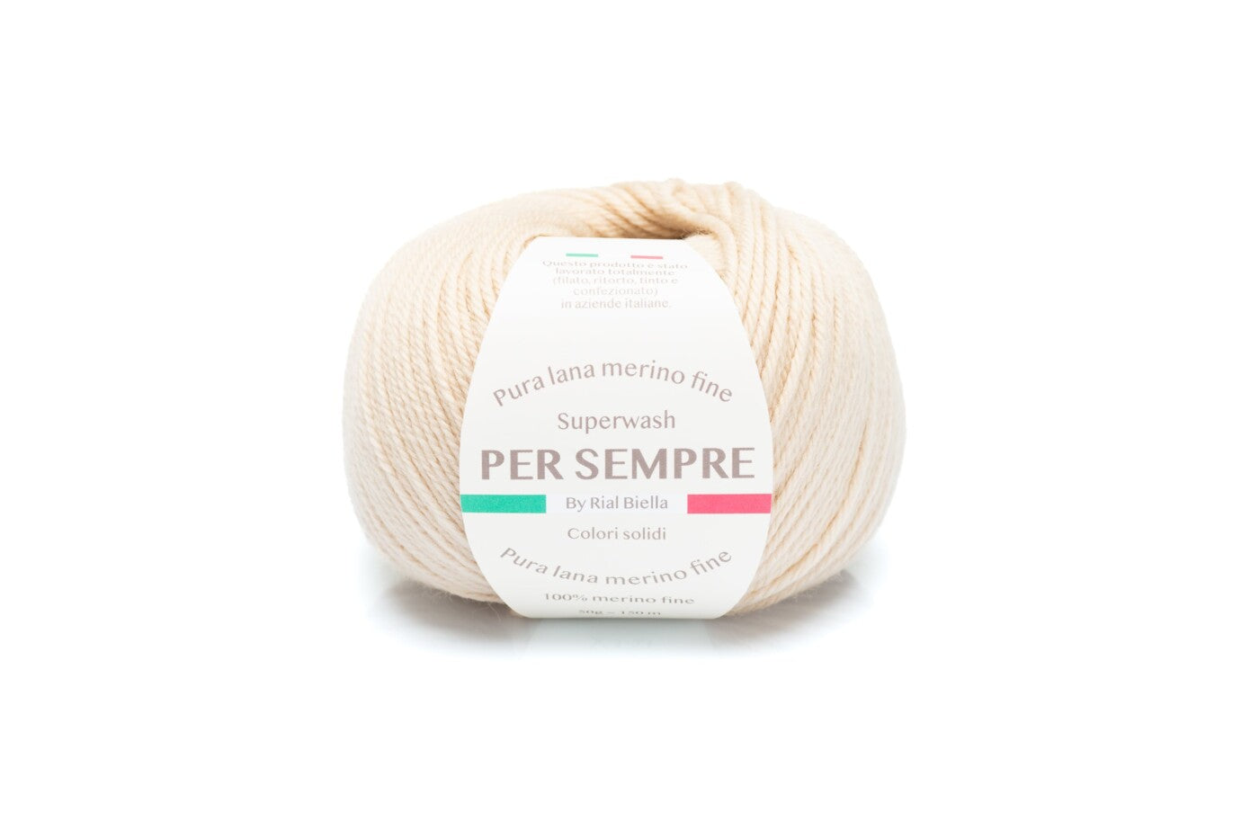 Rial, Filato Lana 100% 50 g Colore 315 gomitolo beige chiaro con etichetta Per Sempre in lana merino fine superwash per lavori a maglia - DeMatteis.it