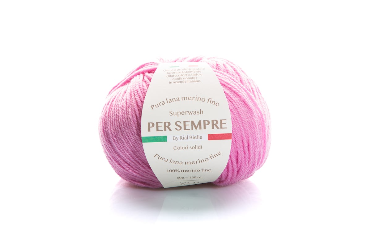 Rial, Filato Lana 100% 50 g Colore 4 gomitolo rosa in pura lana merino fine con fascia bianca Per Sempre per lavori a maglia - DeMatteis.it