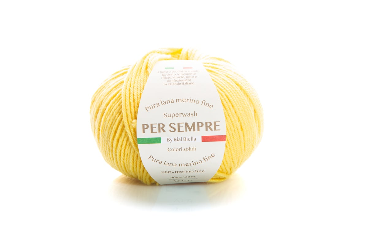 Rial, Filato Lana 100% 50 g Colore 5 gomitolo giallo per maglia e uncinetto con etichetta Per Sempre pura lana merino fine - DeMatteis.it