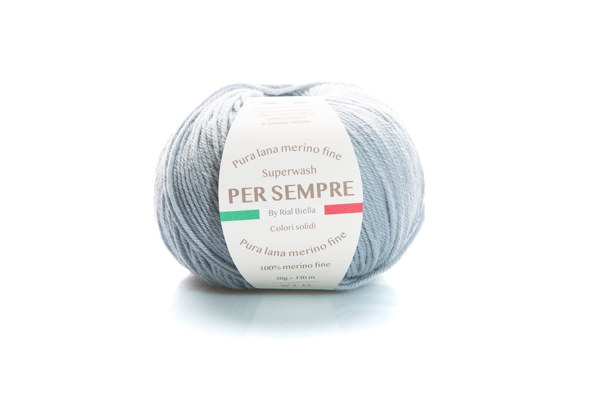 Rial, Filato Lana 100% 50 g Colore 701 gomitolo grigio azzurro con etichetta bianca Per Sempre pura lana merino fine per maglieria - DeMatteis.it