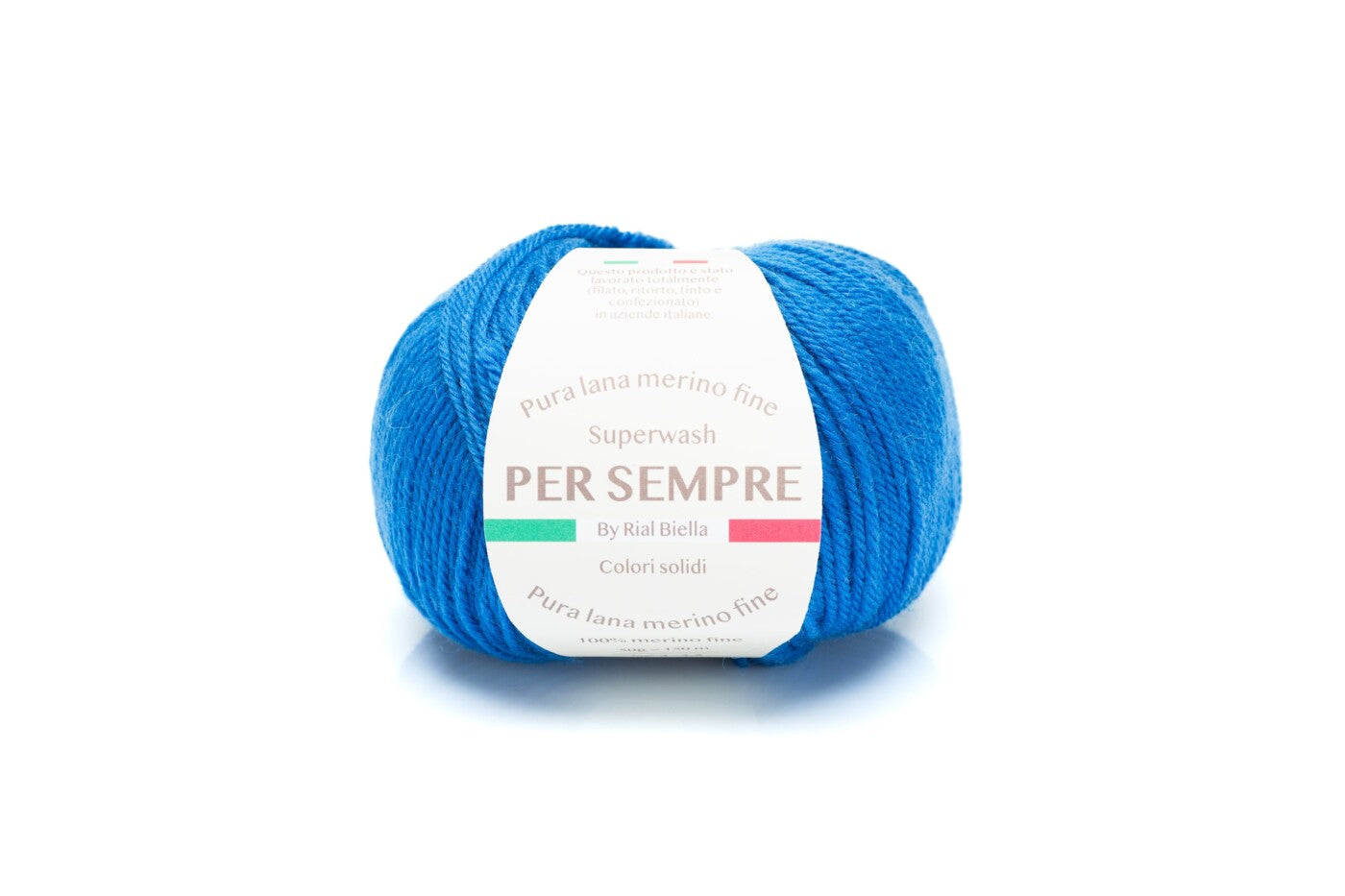 Rial, Filato Lana 100% 50 g Colore 707 gomitolo blu brillante con etichetta bianca Per Sempre by Rial Biella per lavori a maglia e uncinetto - DeMatteis.it