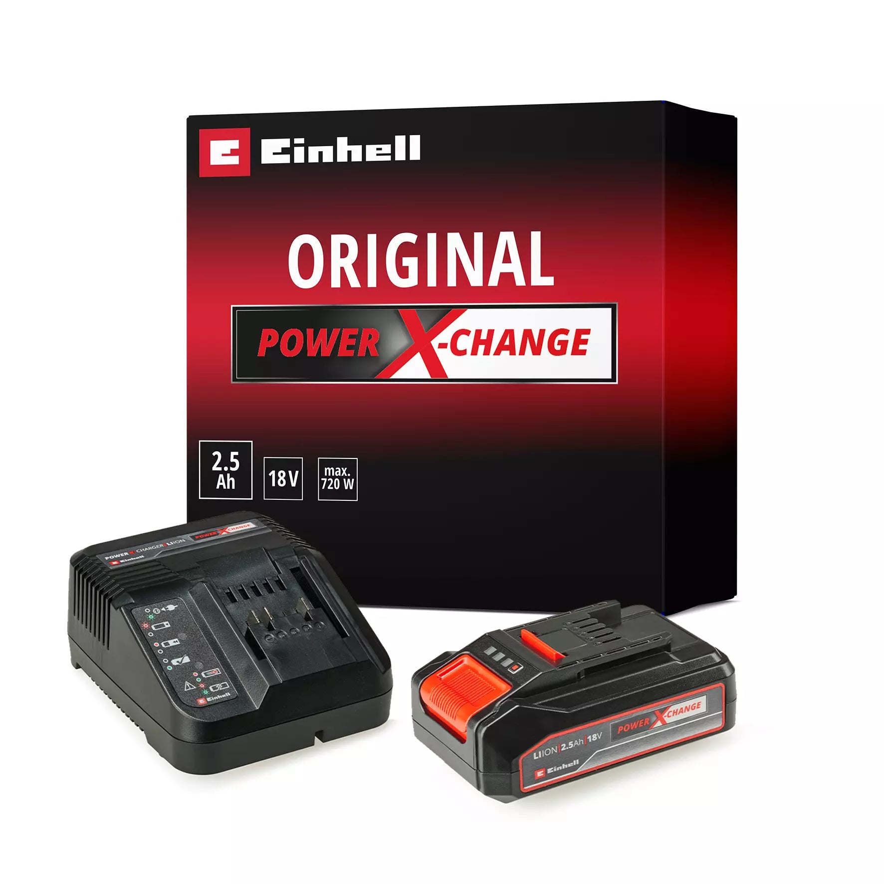 PXC Starter Kit 18V 2,5Ah Einhell con batteria 18V 2,5Ah e caricabatterie rapido, componenti essenziali del sistema Power X-Change per alimentare tutti i dispositivi della famiglia con un'unica batteria universale. | Dematteis.it