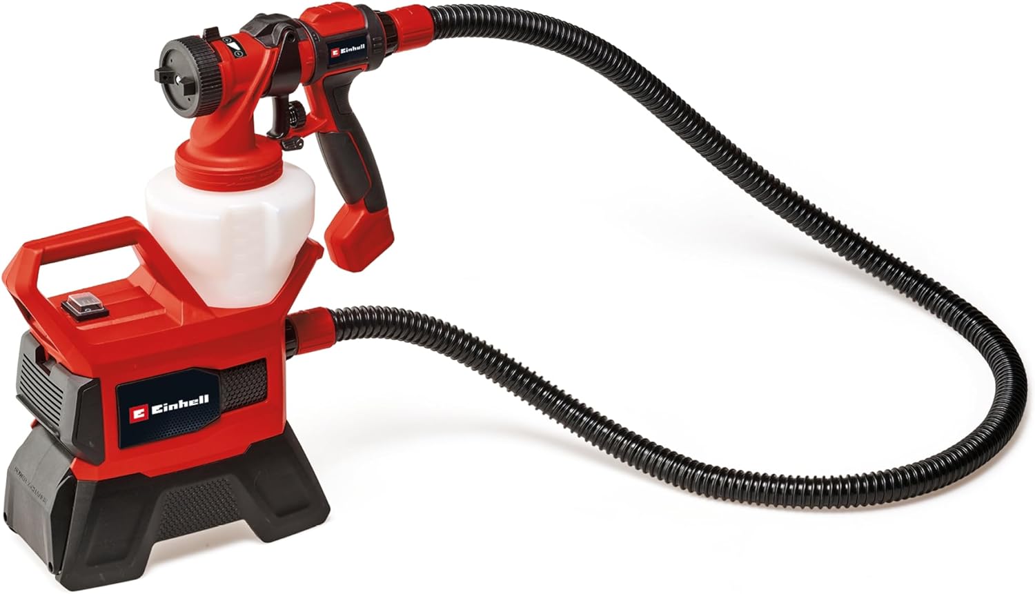 Pistola a spruzzo TE SY 18/90 Li Einhell con stazione di soffiaggio separata, serbatoio da 1200ml e sistema a batteria Power X-Change, completa di ugelli intercambiabili per diverse viscosità di vernice. | Dematteis.it