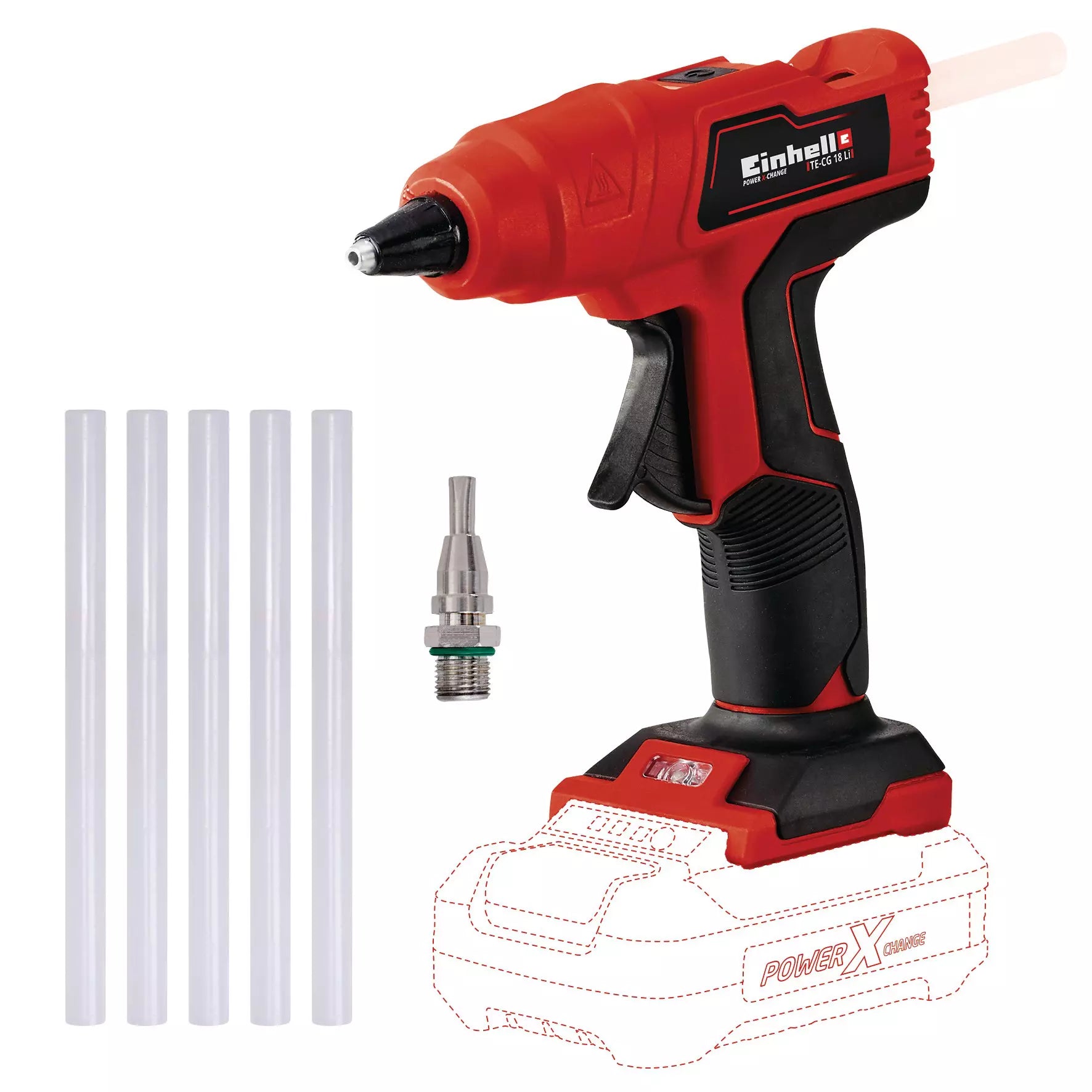 Pistola colla a caldo TE CG 18 Li Einhell con tecnologia Power X-Change, design ergonomico con impugnatura softgrip, indicatore LED della temperatura e ugello piatto con prolunga per lavori di precisione. | Dematteis.it