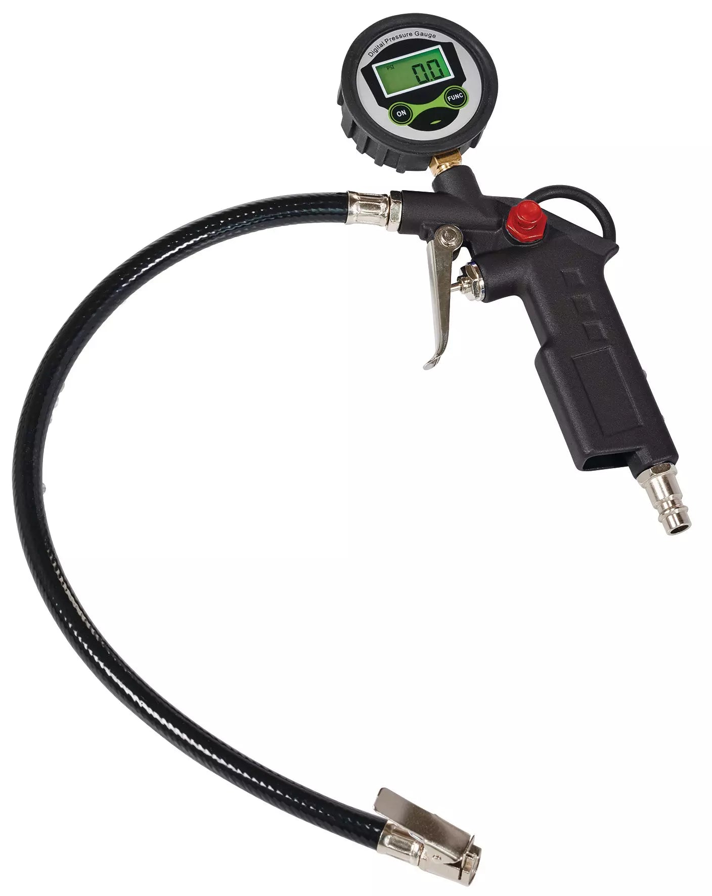 La pistola con manometro digitale Einhell mostra il display digitale illuminato, la valvola di sicurezza integrata e il connettore per pneumatici, ideale per misurazioni precise in Bar, PSI, MPa e kg/cm². | Dematteis.it