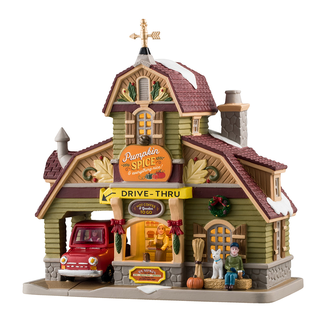 Pumpkin Spice & Everything Nice Coffee Shop Lemax con personaggi dipinti a mano e illuminazione per collezione Villaggio di Natale. | Dematteis.it