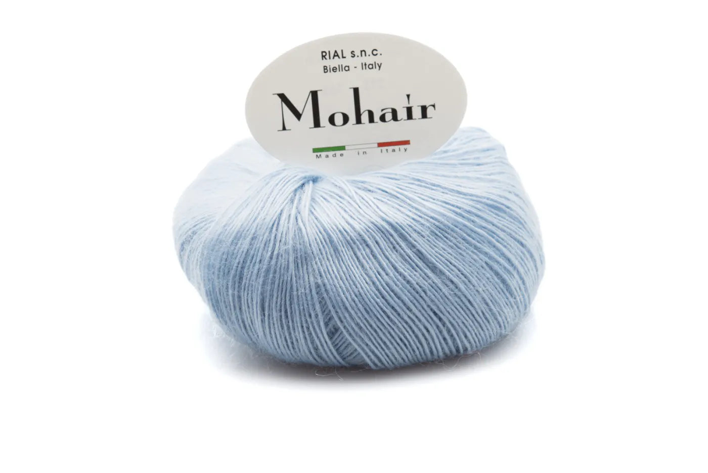Rial, Filato Mohair 50 g Colore 163 gomitolo azzurro chiaro con texture soffice e lucente per lavori a maglia e uncinetto - DeMatteis.it