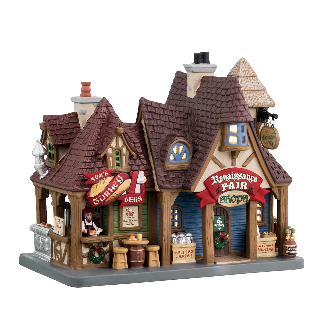 Renaissance Fair Shops Lemax con architettura medievale, negozi artigianali e taverna Tom's Turkey Legs per Villaggio di Natale Lemax. | Dematteis.it