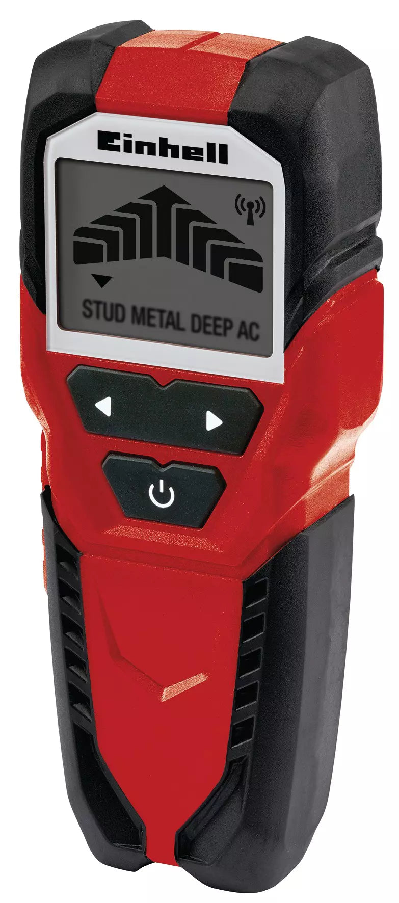 Il rilevatore digitale TC MD 50 di Einhell in colorazione rossa e nera con impugnatura ergonomica, dotato di tecnologia avanzata per rilevare metalli ferrosi, non ferrosi e strutture in legno nelle pareti. | Dematteis.it
