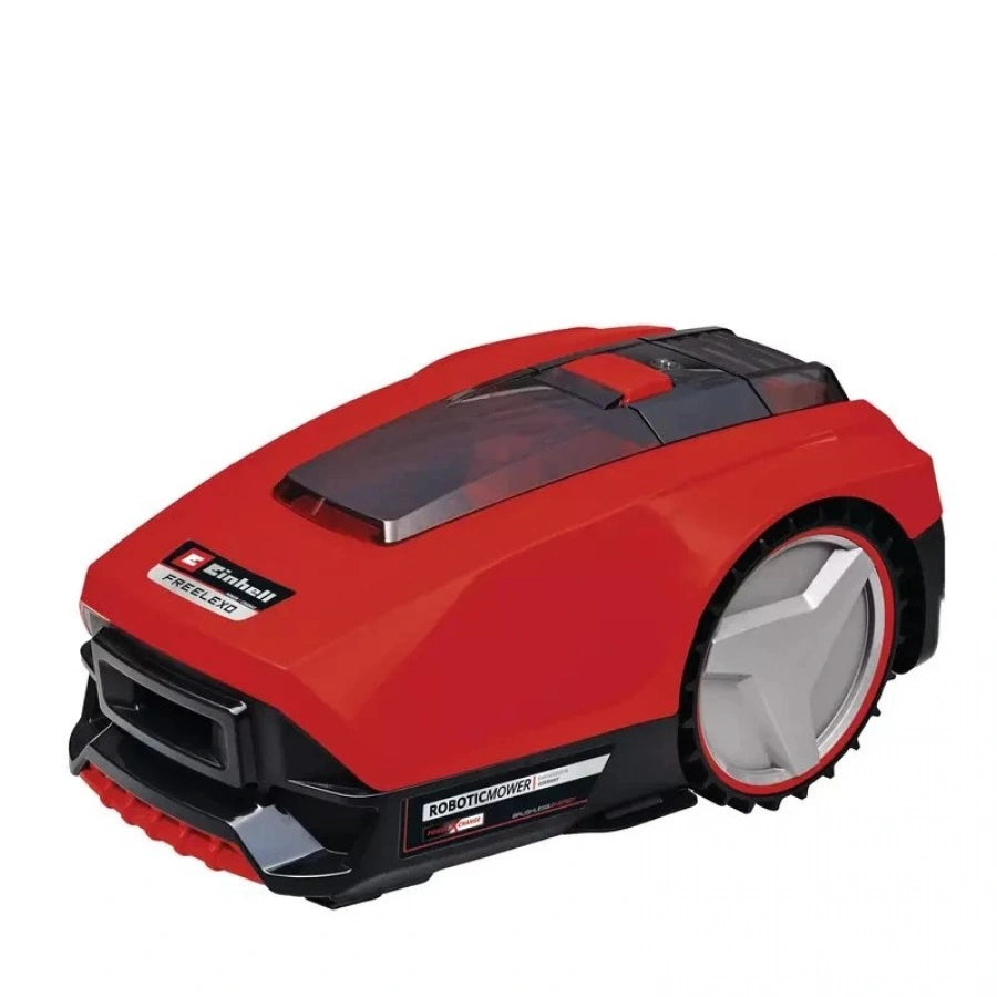 Il robot tagliaerba FREELEXO 300 Solo di Einhell con design aerodinamico rosso e nero, ideale per prati fino a 300 m², dotato di sistema a batteria PXC 18V e tecnologia di taglio intelligente automatizzata. | Dematteis.it