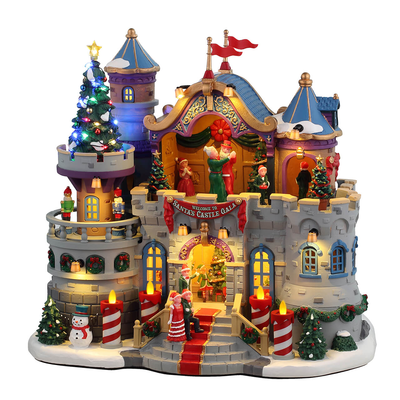 Santa's Castle Gala Lemax illuminato con torri blu, personaggi danzanti e decorazioni natalizie per villaggio di Natale Lemax - Dematteis.it