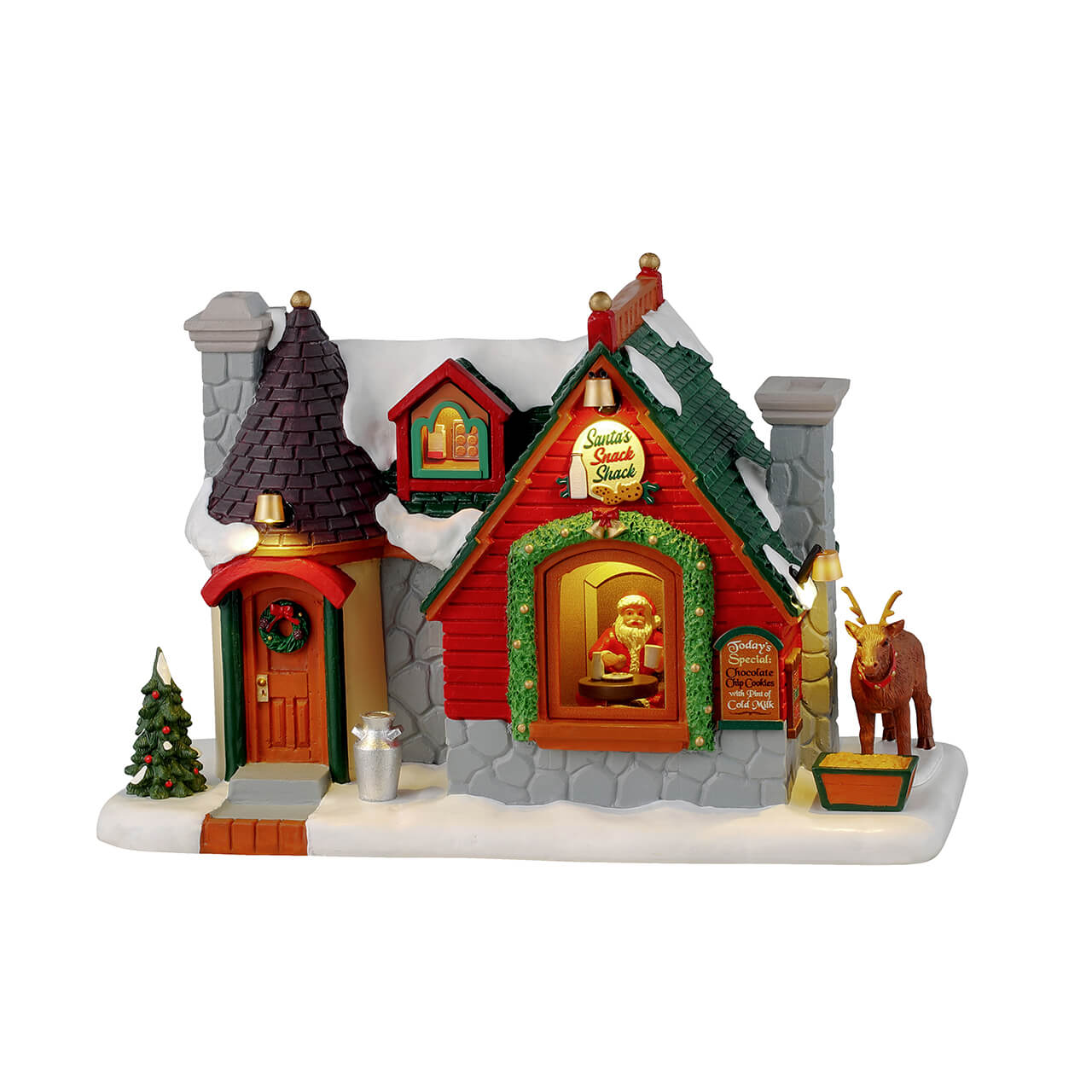 Santa's Snack Shack Lemax casetta di Babbo Natale rossa illuminata con renne, torre campanile e decorazioni natalizie per villaggio Lemax | Dematteis.it