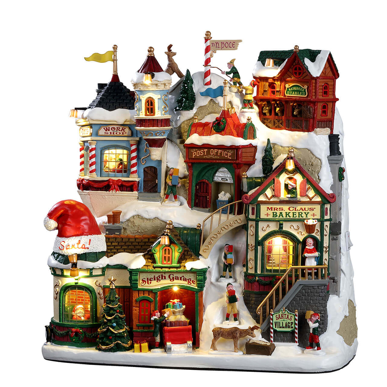 Santa's Village Lemax con illuminazione notturna mostra il dettagliato Villaggio di Babbo Natale con Workshop elfi, Post Office e Mrs. Claus Bakery. | Dematteis.it