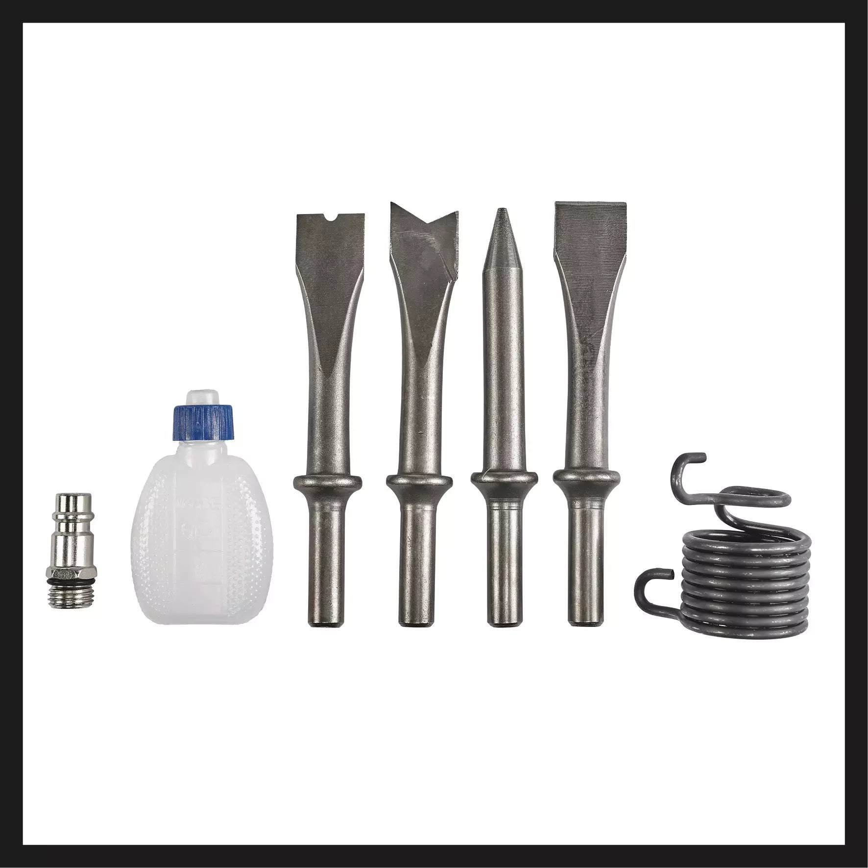 Set completo scalpellatore pneumatico TC PC 45 di Einhell con 4 scalpelli da 120mm, boccetta d'olio, raccordo rapido e molla inclusi, per lavori professionali di ristrutturazione su diversi materiali. | Dematteis.it