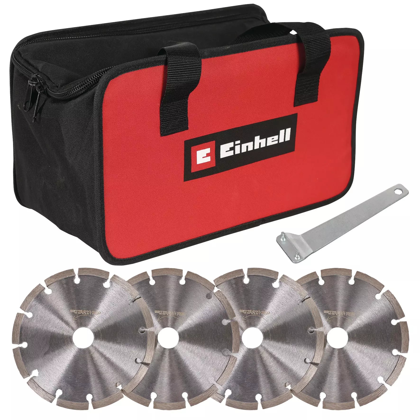 Scanalatore TE-MA 1700 di Einhell con potente motore da 1700W, borsa da trasporto rossa e nera, chiave per sostituzione dischi e quattro dischi da taglio diamantati per scanalature precise nella muratura. |Dematteis.it