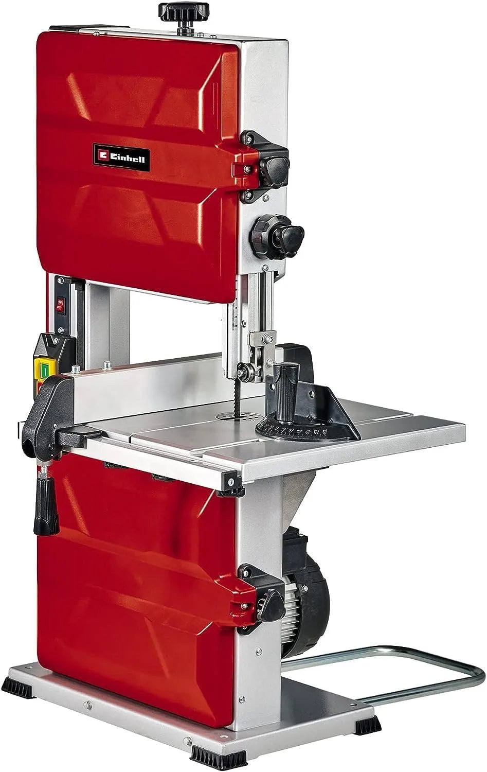 La sega a nastro TC-SB 245 L Einhell con motore a induzione, illuminazione LED, guide angolari regolabili e protezione di sicurezza, ideale per tagli dritti, obliqui e curve fino a 101 mm. | Dematteis.it