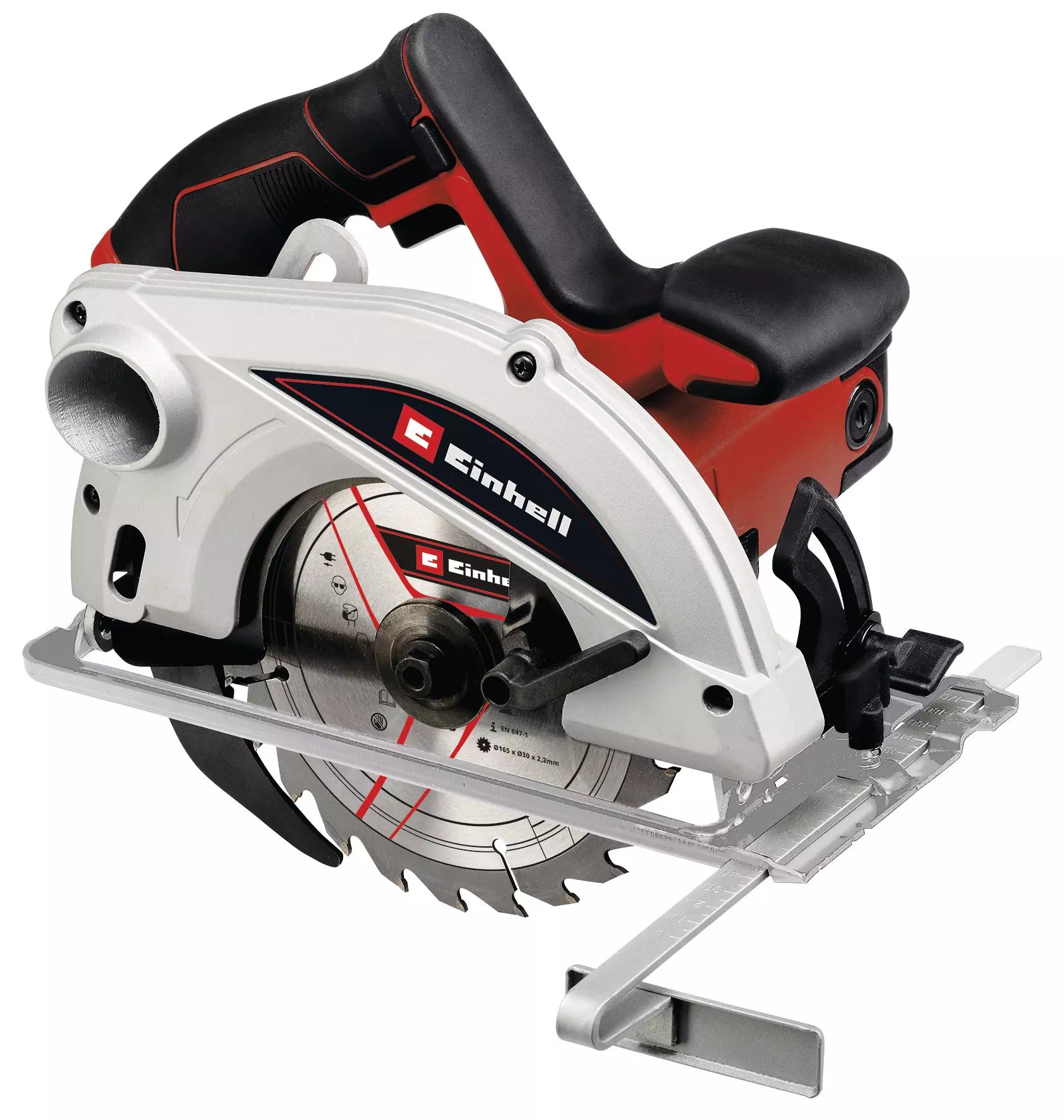 Sega circolare TC CS 1250 Einhell con potenza 1.250 Watt, design ergonomico rosso e nero, regolazione semplice della profondità e dell'angolo di taglio, lama in metallo duro per tagli precisi. | Dematteis.it
