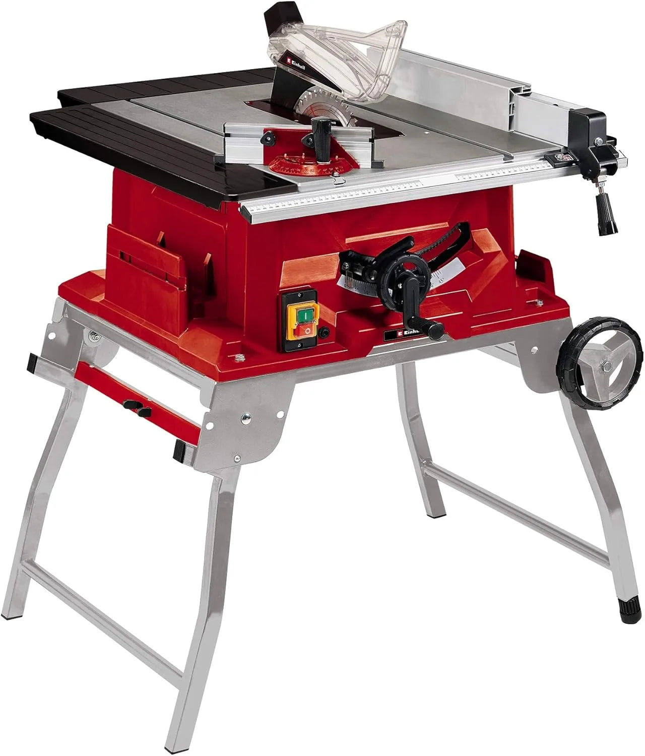 La sega circolare con banco TE-TS 250 UF Einhell mostrata con il suo caratteristico colore rosso, completa di protezione trasparente per lama, piano espandibile e sistema di regolazione di altezza e inclinazione. | Dematteis.it