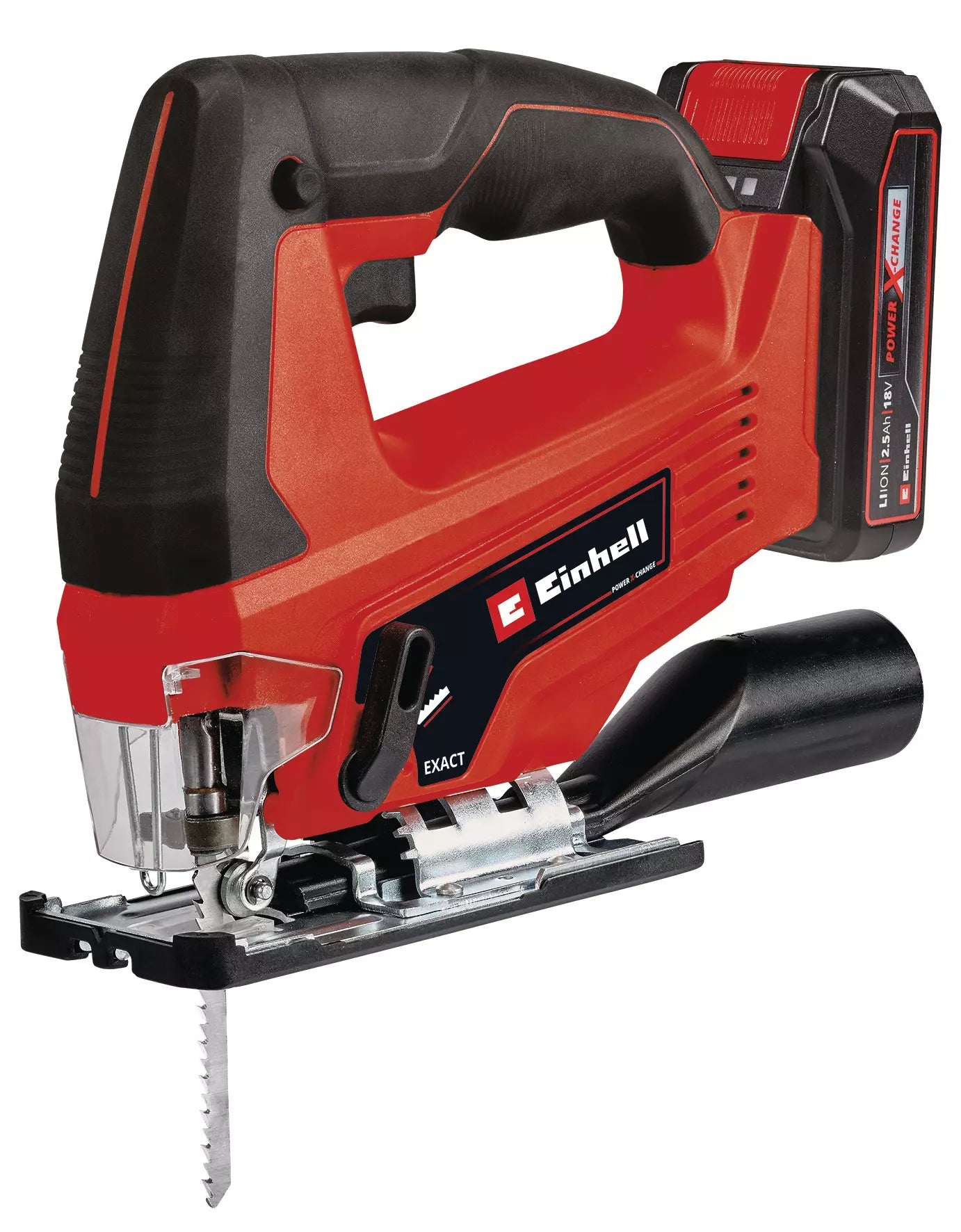 Seghetto a batteria TC JS 18 Li Einhell con impugnatura ergonomica, batteria Power X-Change da 2,5 Ah e sistema di rimozione della polvere per tagli precisi su legno, plastica e metallo. | Dematteis.it