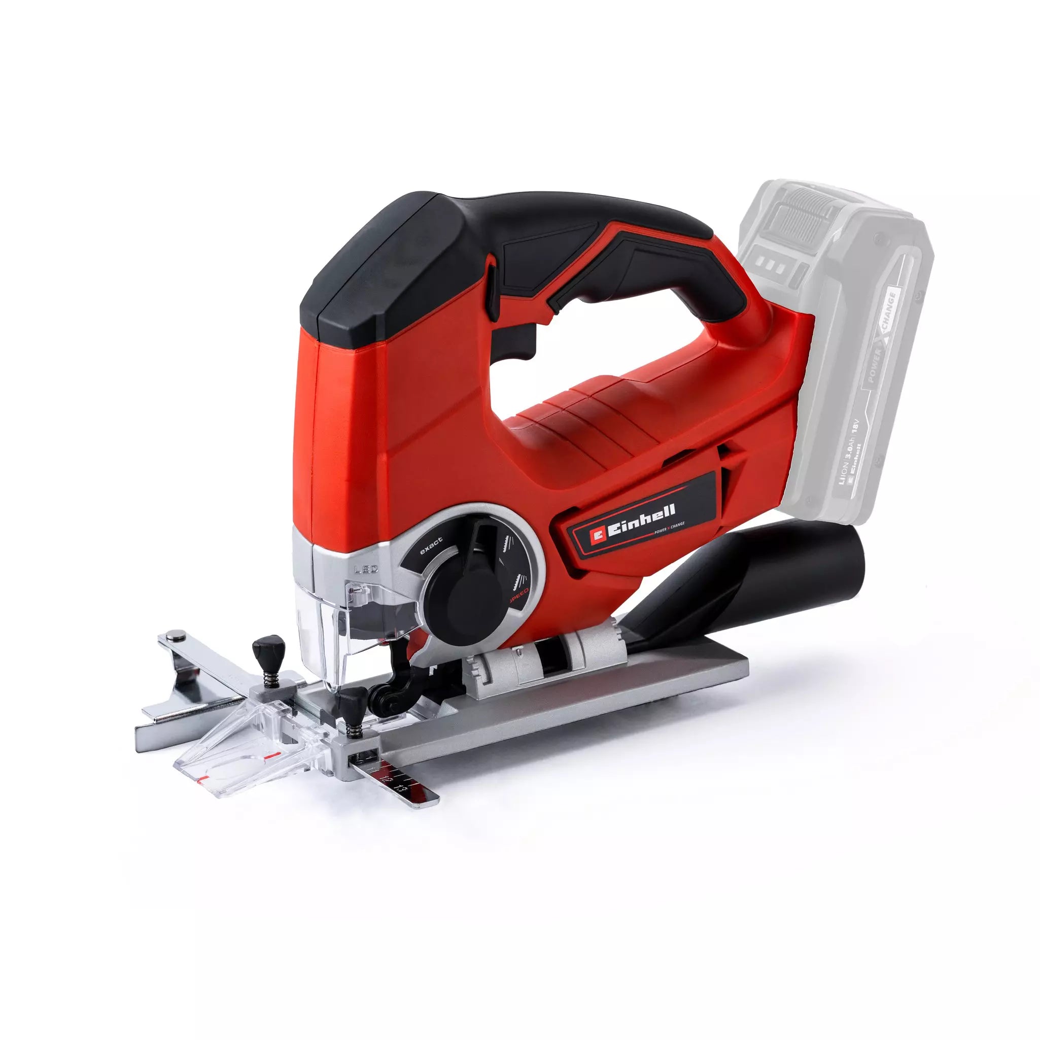 Seghetto a batteria TE JS 18/80 Li Einhell con impugnatura ergonomica, sistema di taglio pendolare regolabile e piastra di appoggio in metallo, ideale per tagli di precisione su diversi materiali. | Dematteis.it