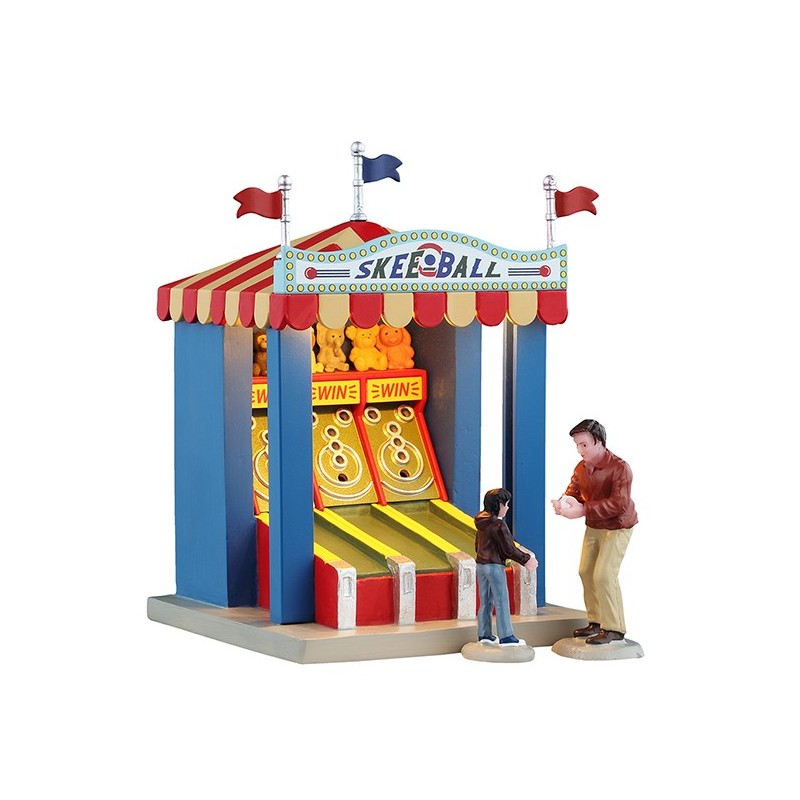 Skee Ball Game Lemax: baracca da fiera blu e rossa con insegna luminosa, due corsie da gioco e figurine padre-figlio per Villaggio Natale Lemax | Dematteis.it