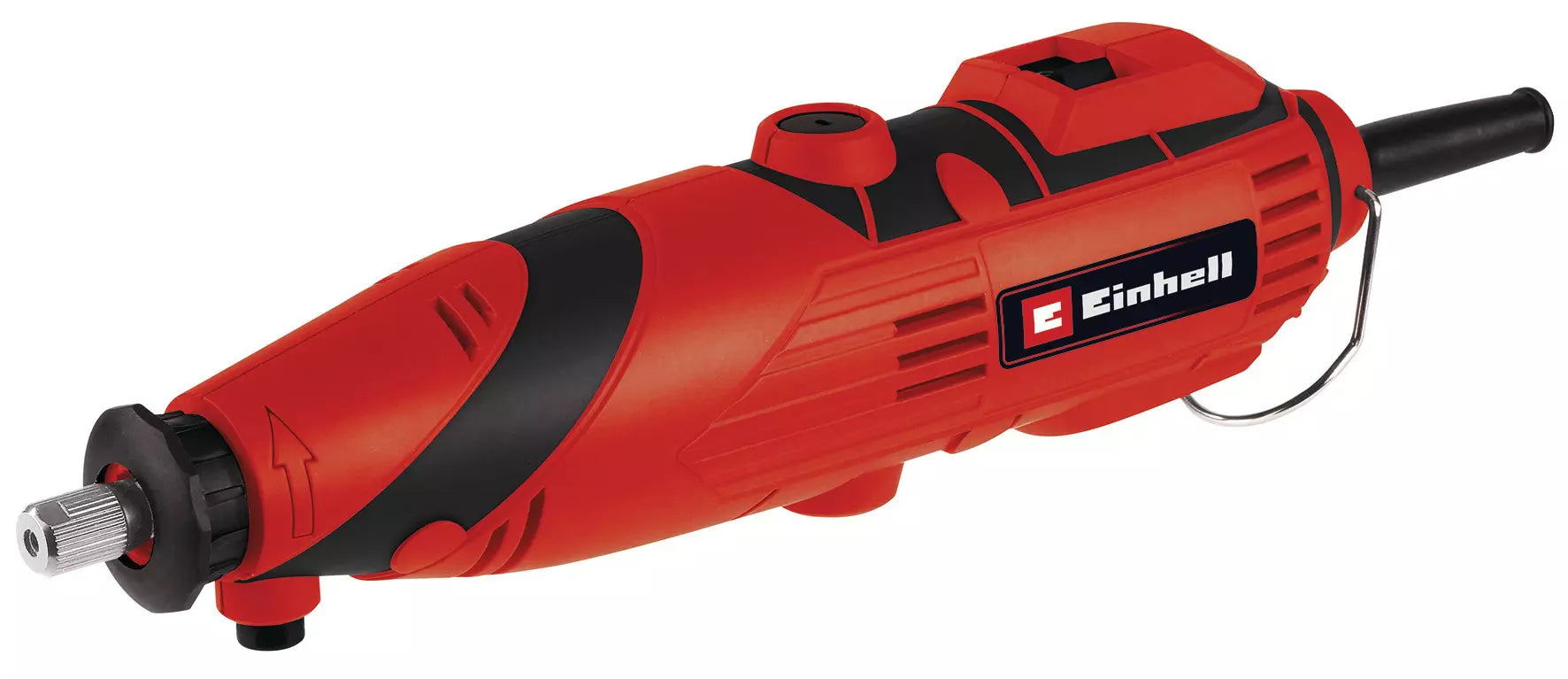 Smerigliatrice a stelo TC MG 135 E di Einhell con design ergonomico rosso e nero, impugnatura antiscivolo e sistema di cambio rapido degli utensili per lavorazioni di precisione in ogni situazione. | Dematteis.it